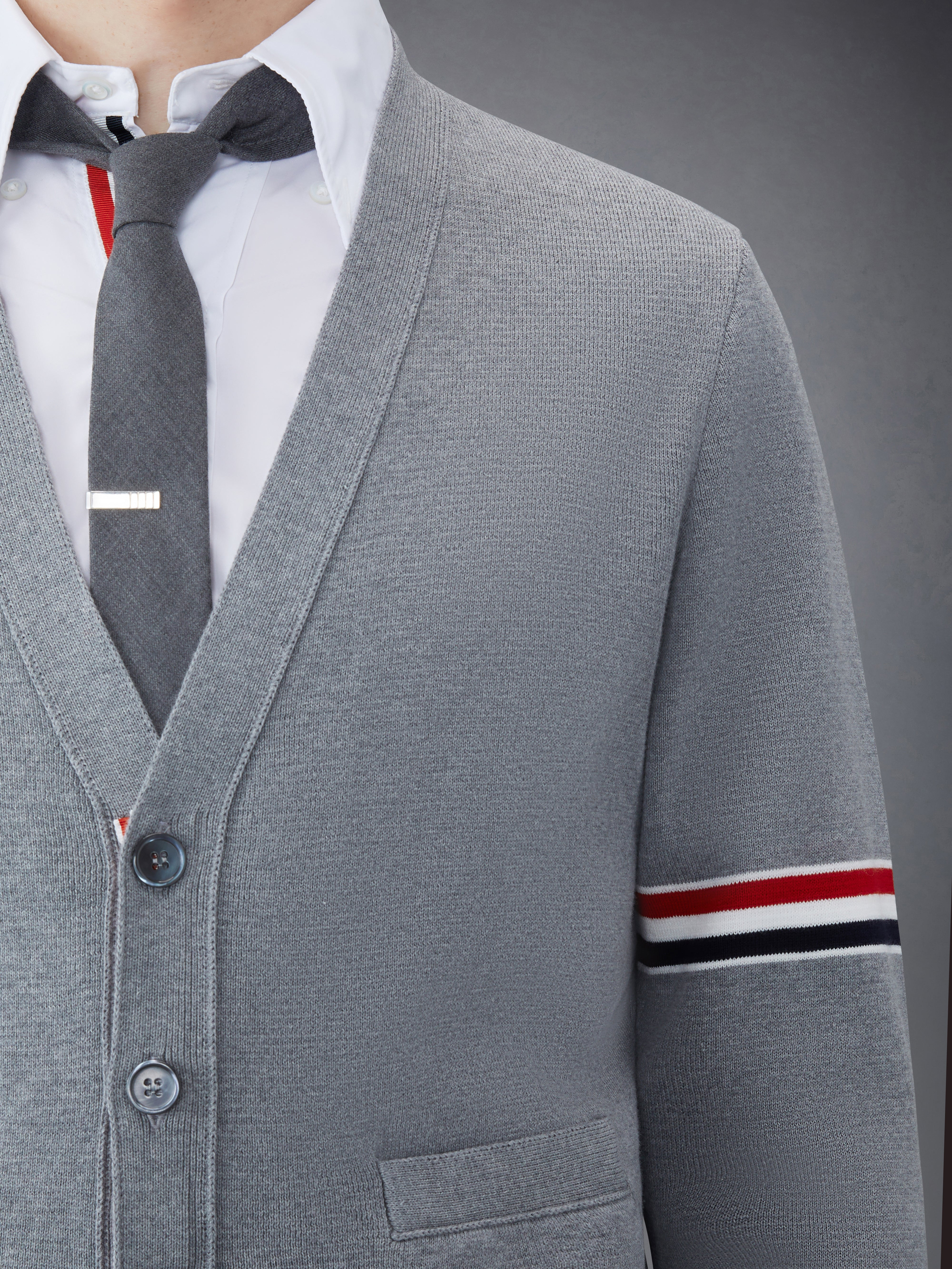 Light Grey Cotton Milano Stitch Stripe Armband V-neck Cardigan - 6
