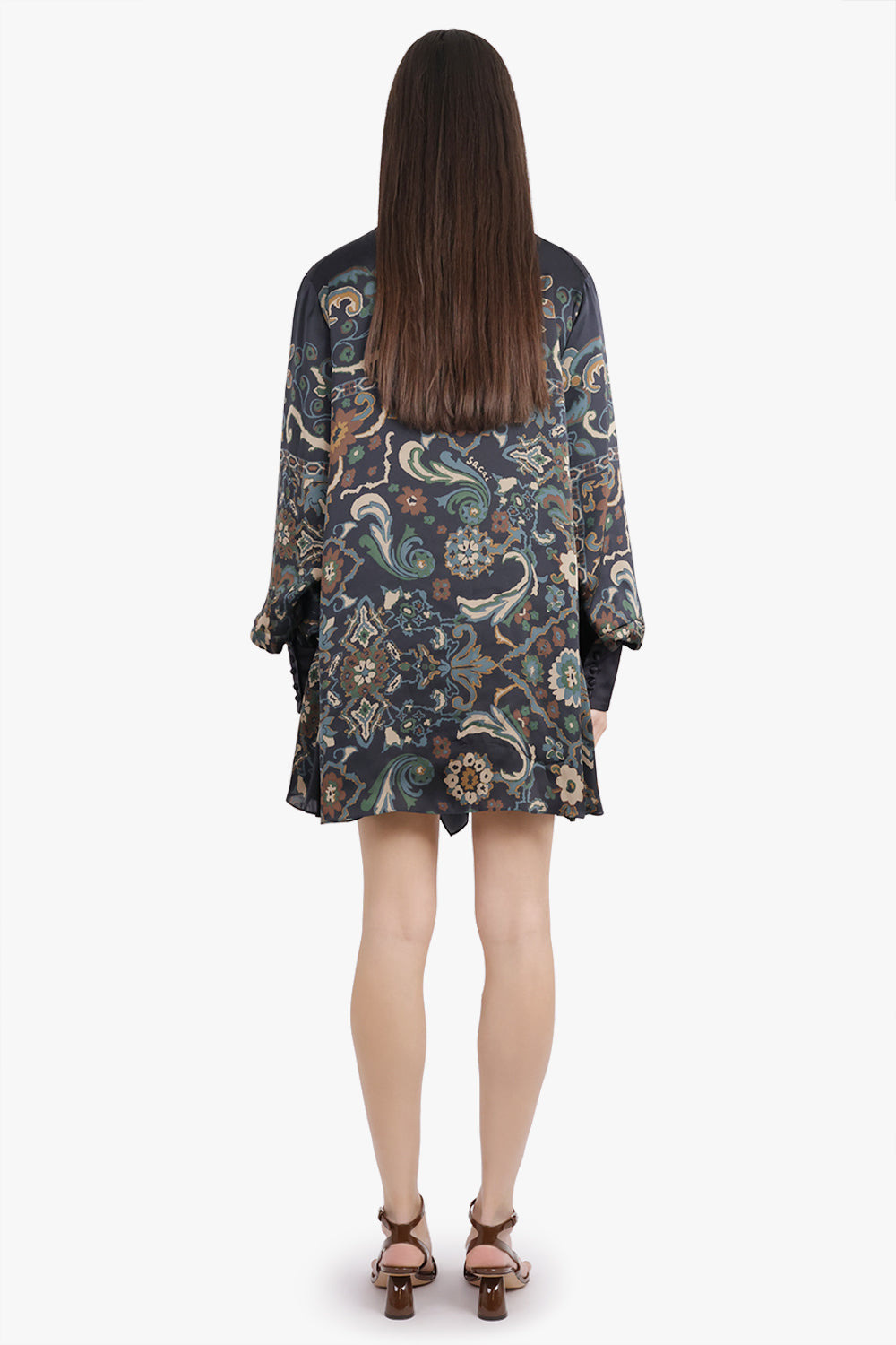 SCARF L/S FLORAL PRINT HIGH NECK DRAPE MINI DRESS | NAVY/MULTI - 4