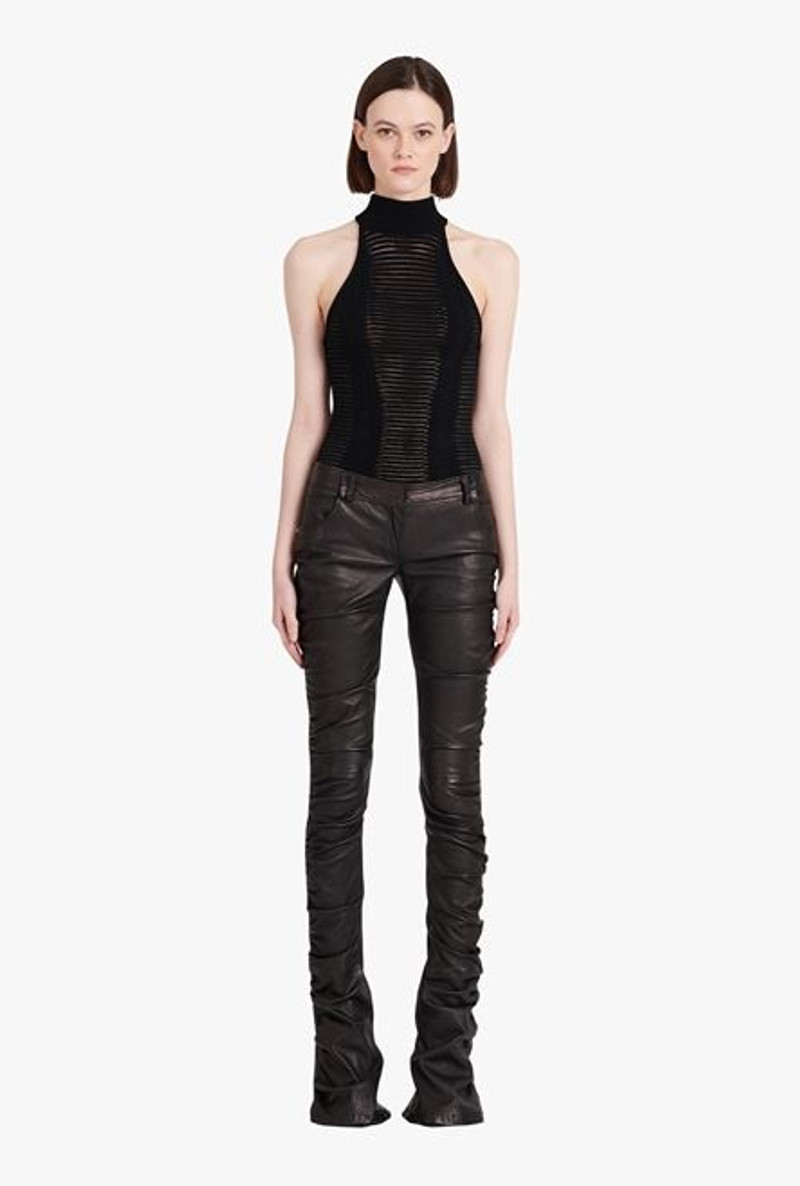 Low-rise black leather bootcut pants 4
