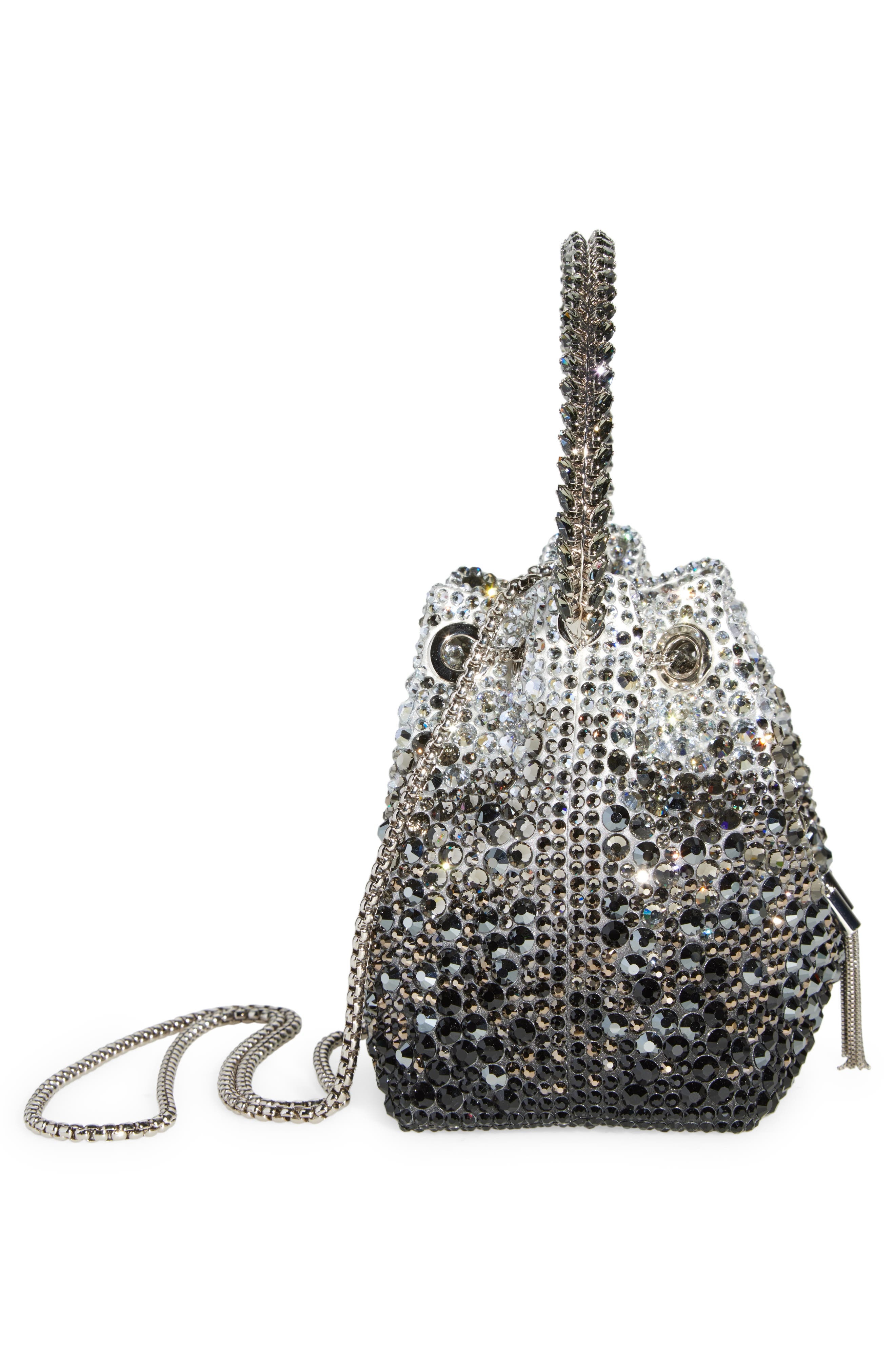 Jimmy Choo Bon Bon Crystal Drawstring Top Handle Pouch in Black/Smoke at Nordstrom - 6