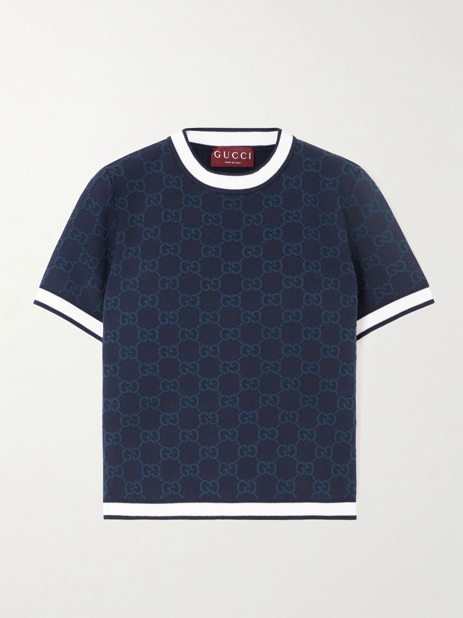Cropped jacquard-knit cotton sweater Navy - 1