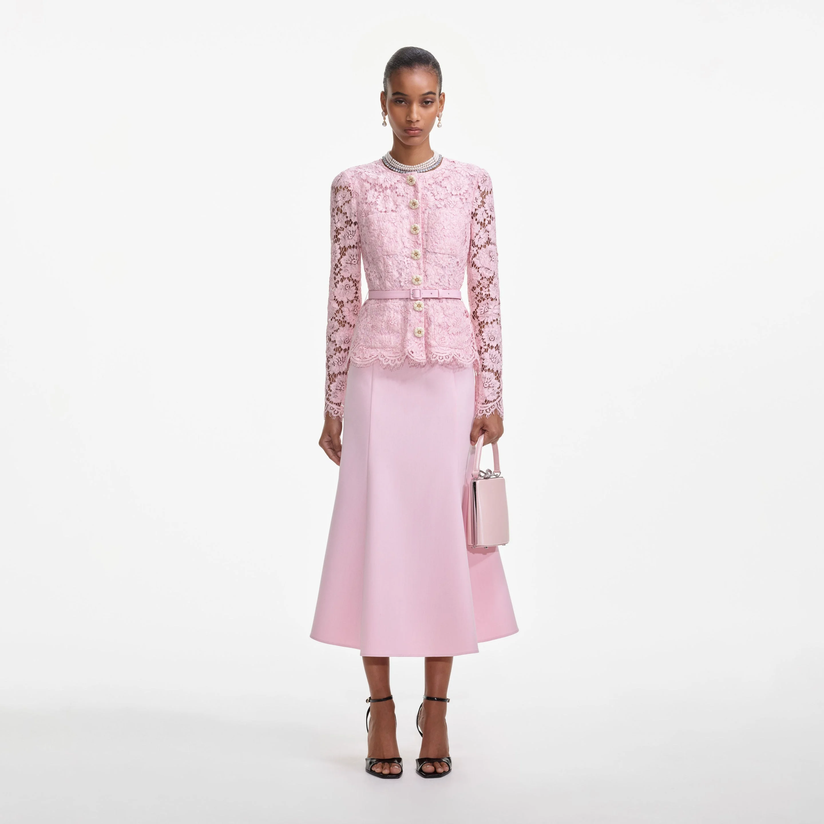 Pink Tailored Lace Midi Dress - 1