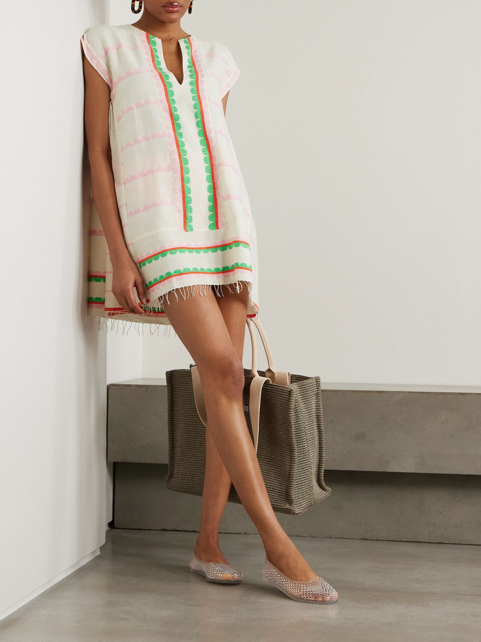Elina fringed striped cotton kaftan Beige - 2