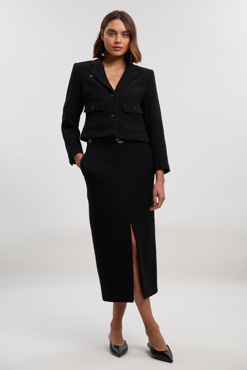 Textured Tweed Tailored Belted Pencil Skirt 1