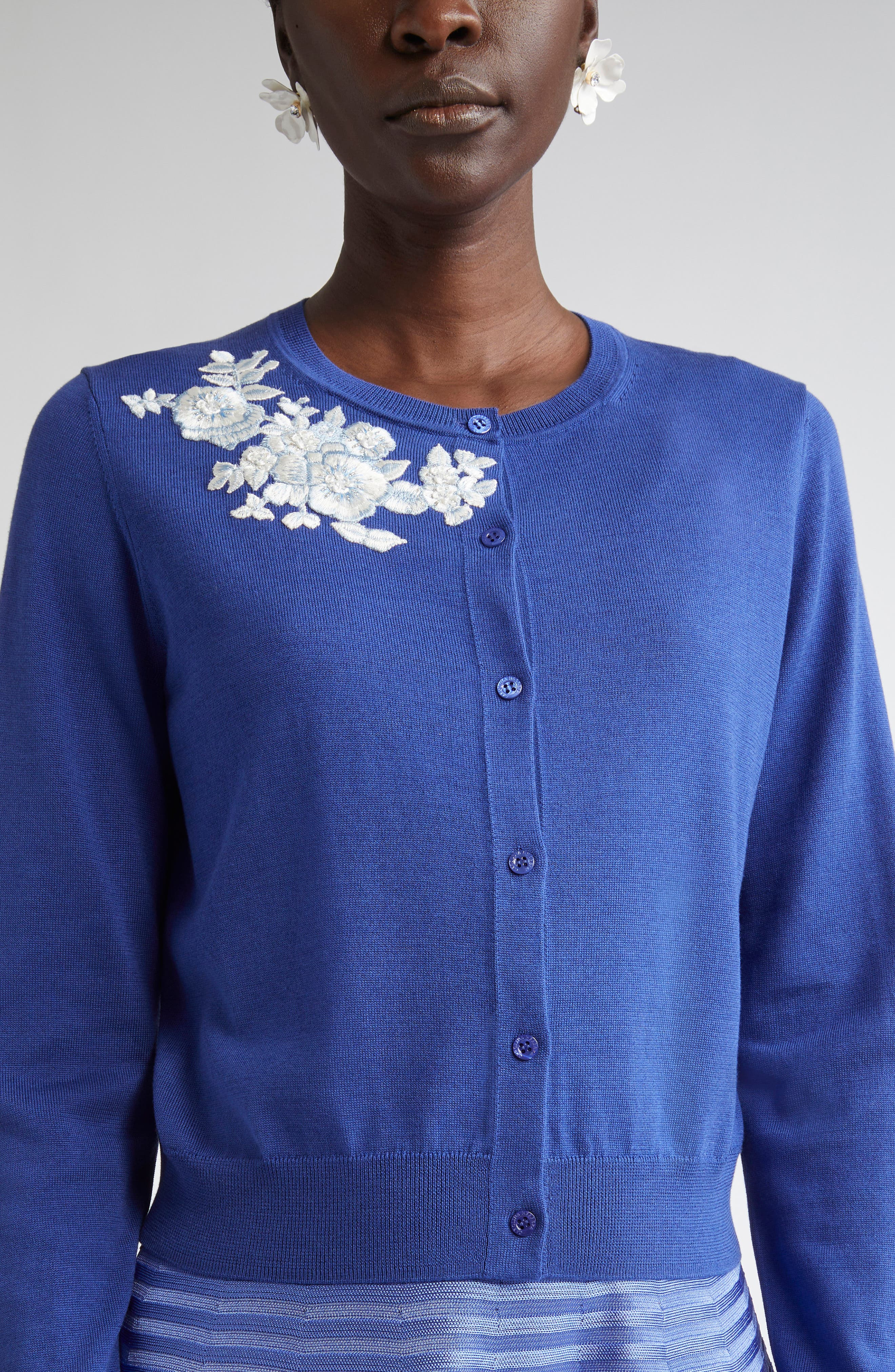 Carolina Herrera Floral Embroidered Silk & Cotton Cardigan in Nautilus Multi at Nordstrom - 5