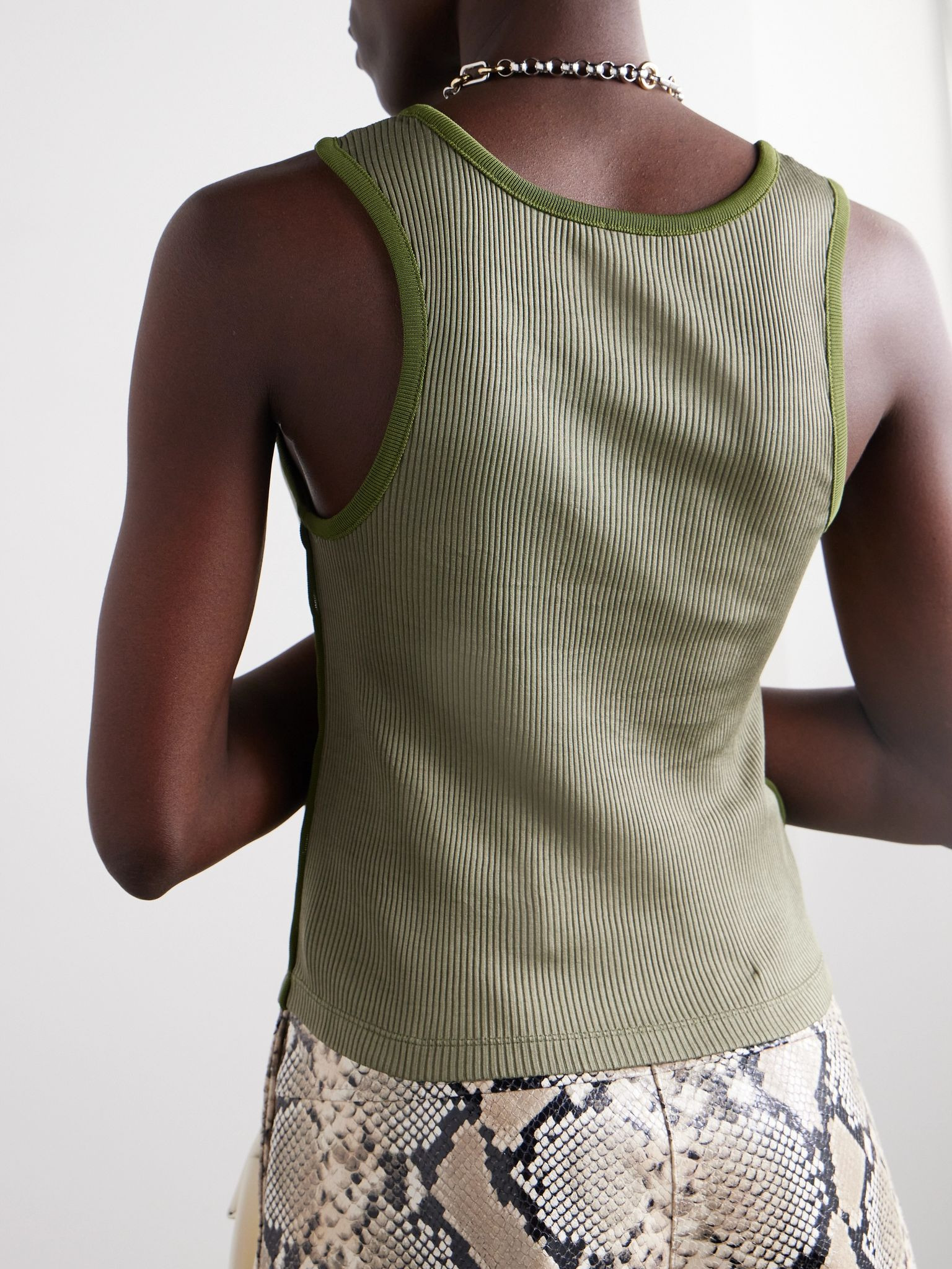 Embroidered ribbed silk tank Green - 4