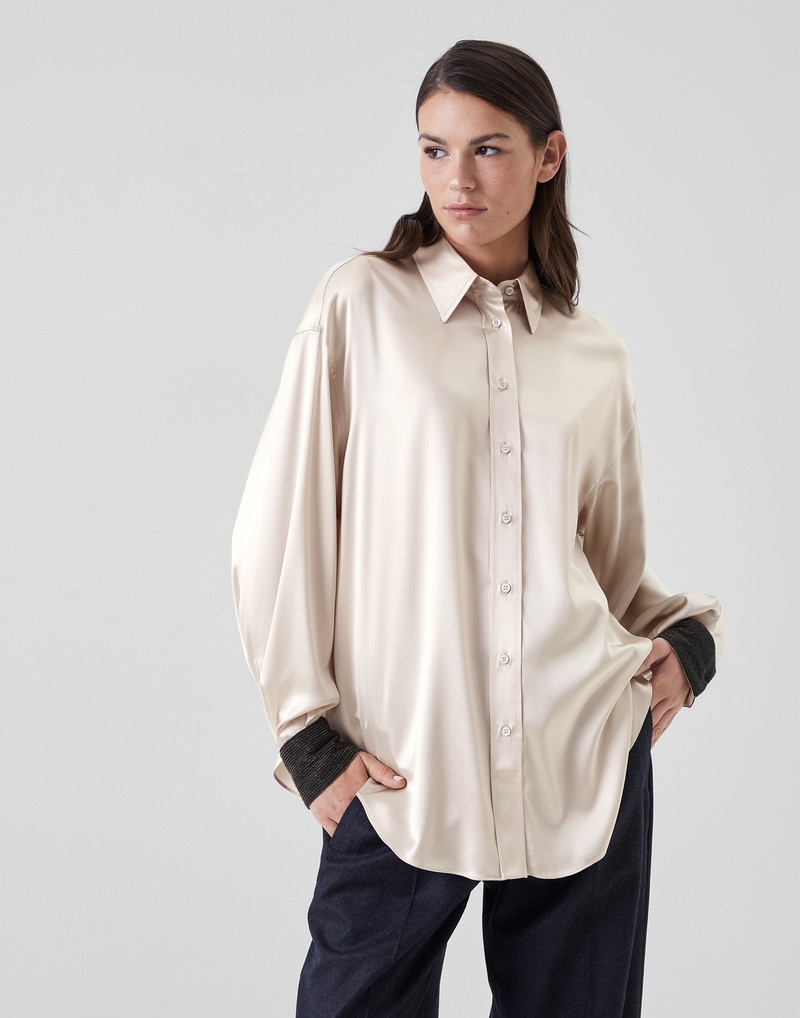 Stretch silk satin shirt with precious contrast cuffs 1