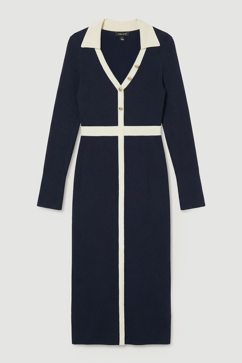 Knit Rib With Contrast Waist Detail Collared Midi Dress - 1