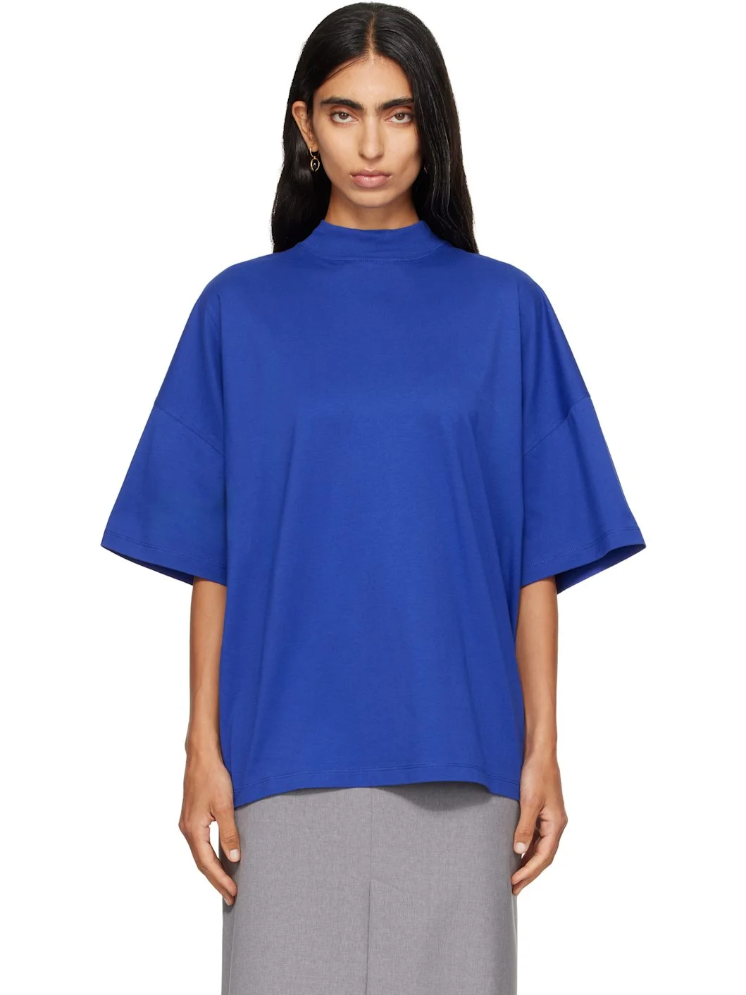 Blue Cotton Mock-Neck T-shirt - 1