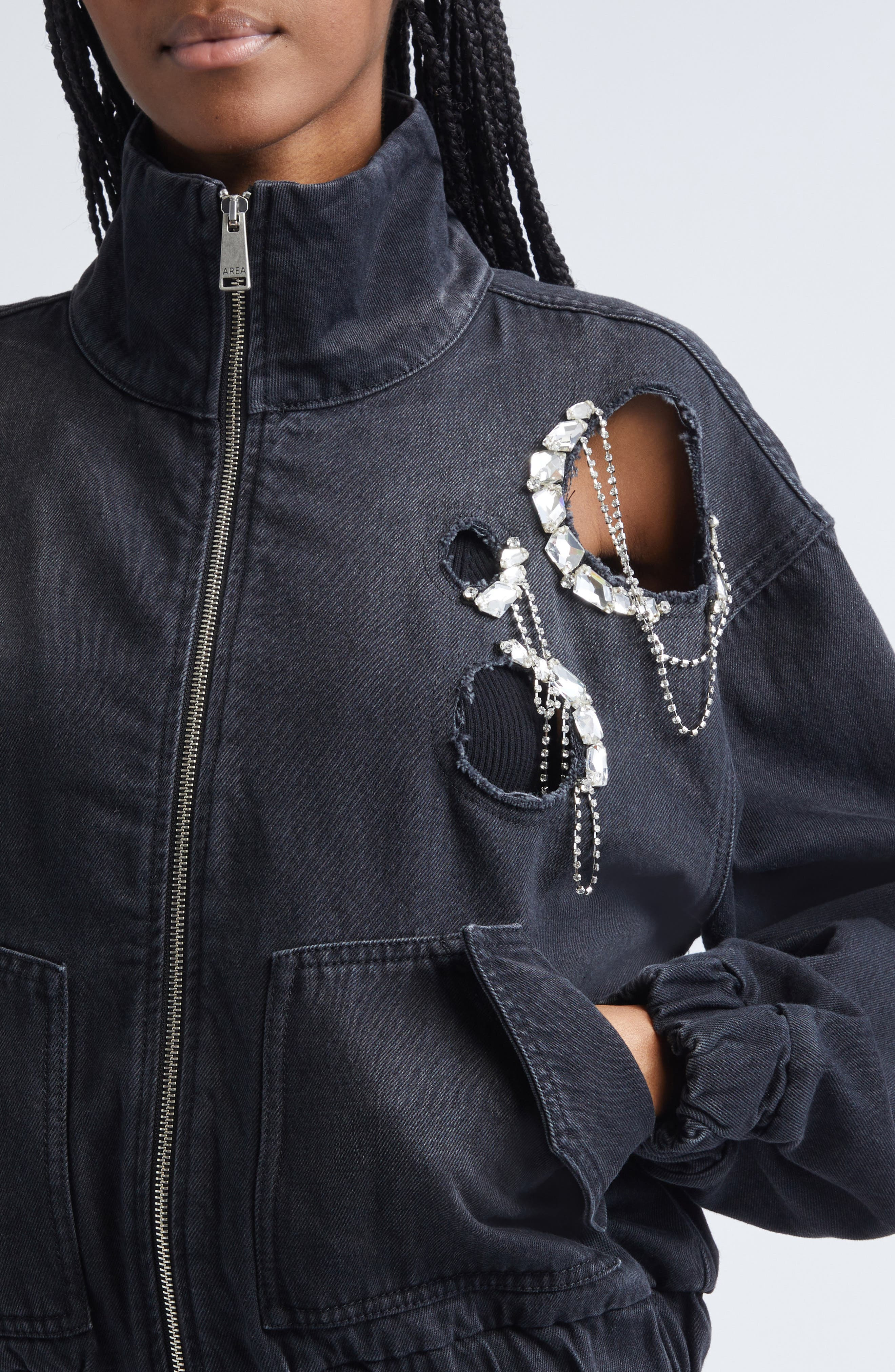 Area Crystal Chain Cutout Denim Bomber Jacket in Washed Black at Nordstrom - 4