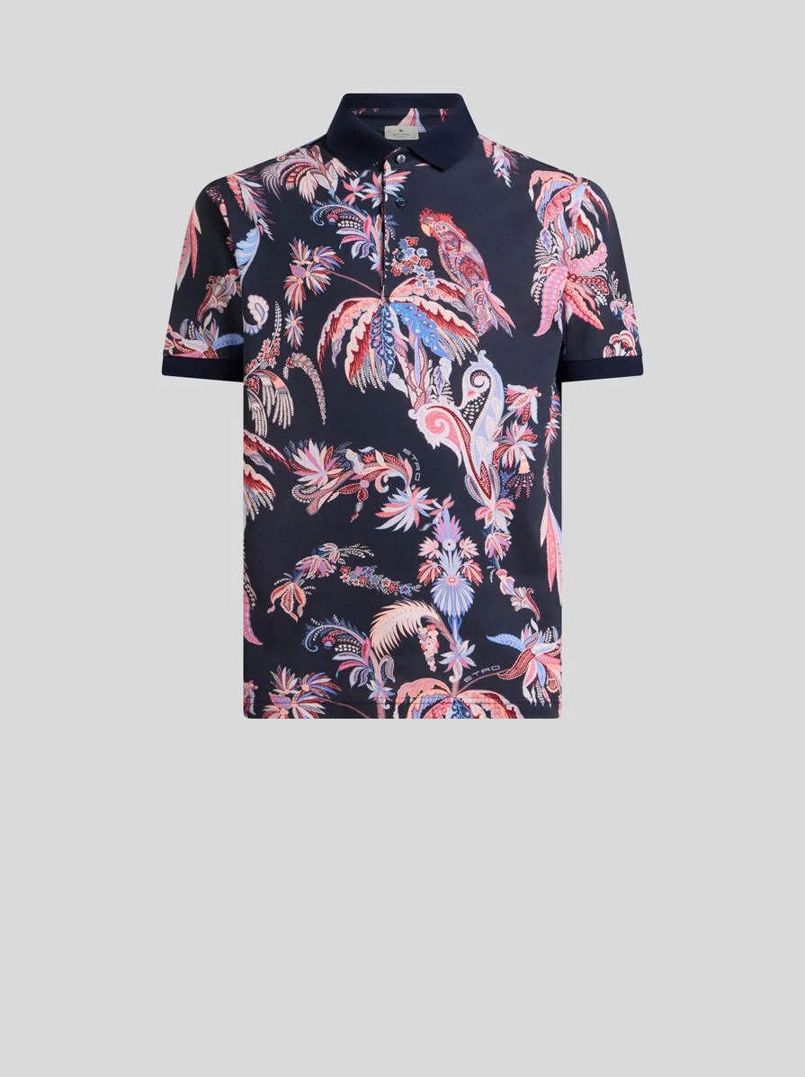 COTTON PIQUE POLO SHIRT WITH PARROT AND PALM TREE MOTIF - 1