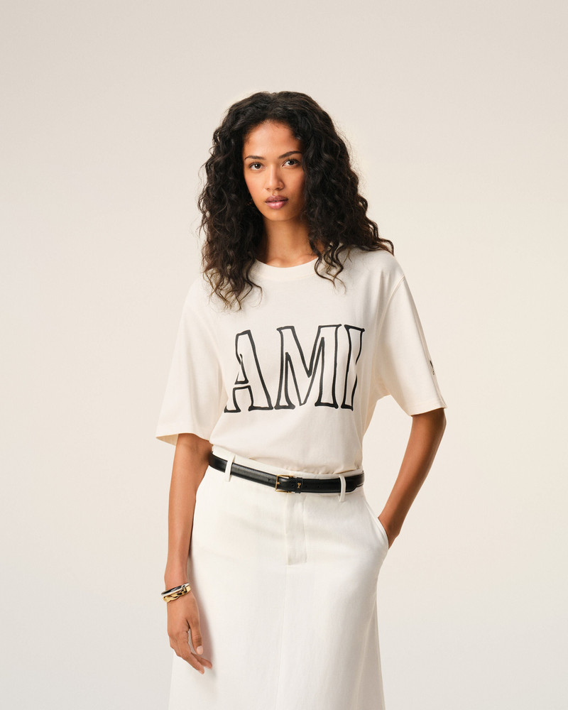 WHITE COTTON AMI PARIS PRINT T-SHIRT 3