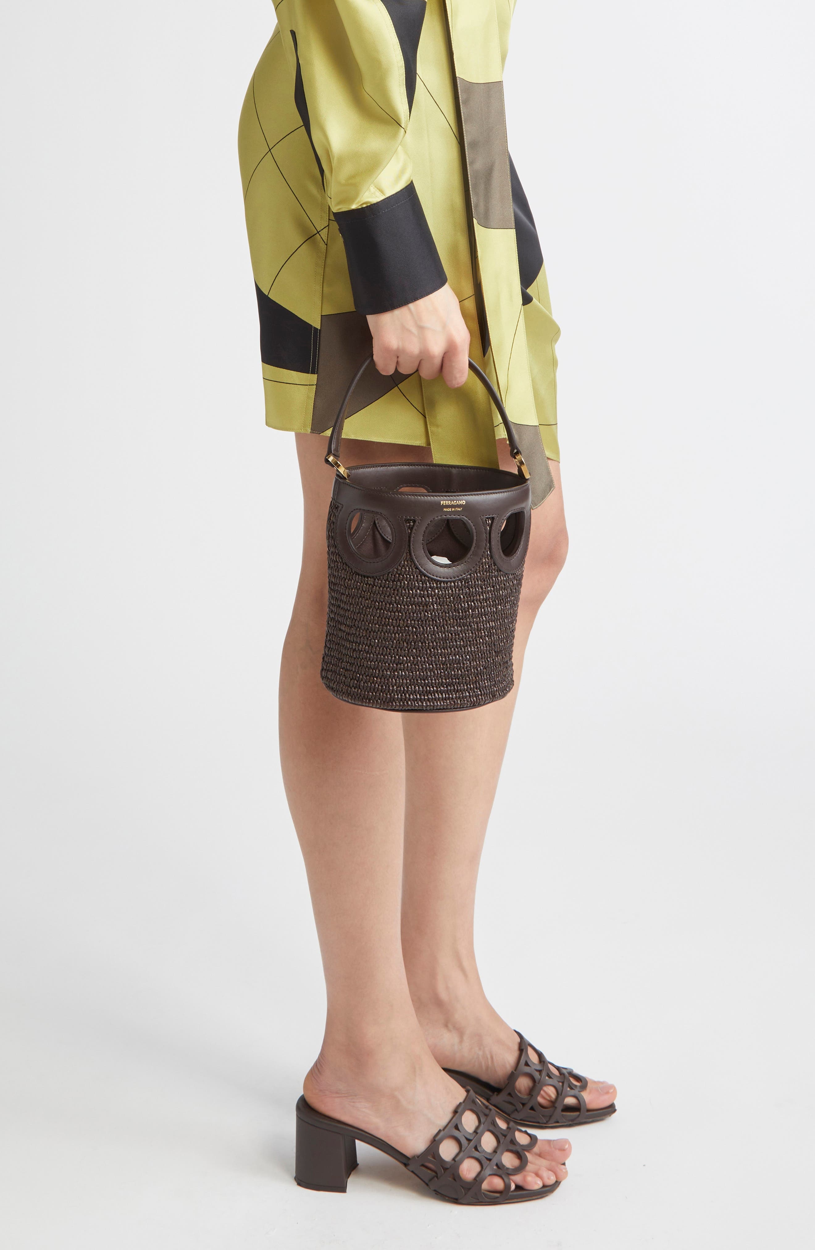 FERRAGAMO Mini Gancio Outline Raffia Bucket Bag in T Moro/Testa Di Moro at Nordstrom - 3