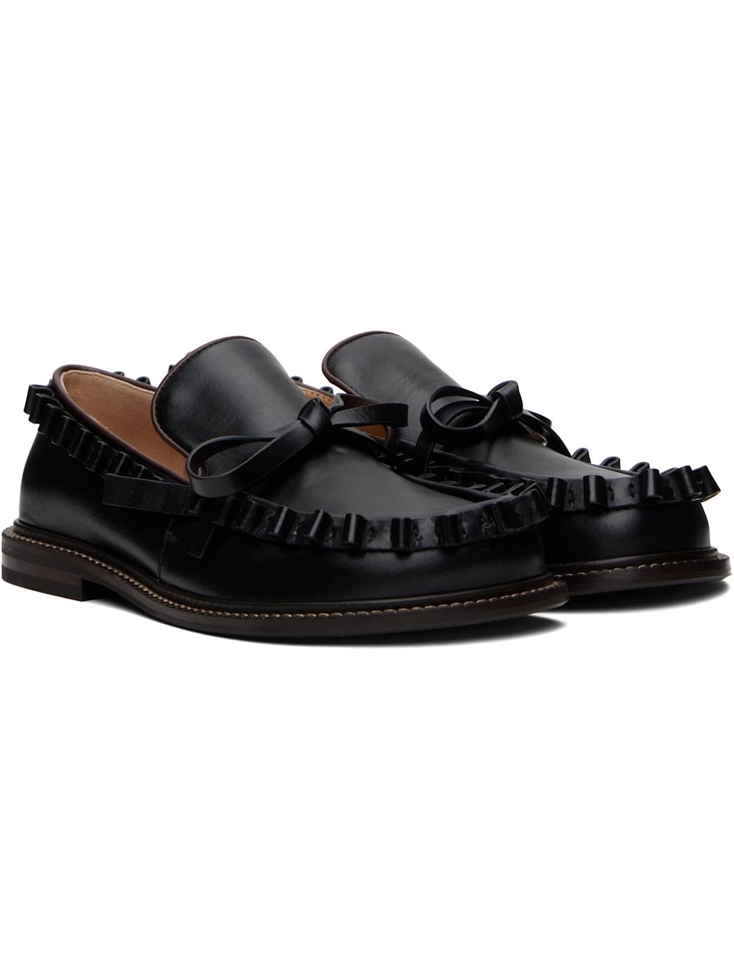 Black Ruffle Leather Slip-on Loafers - 4