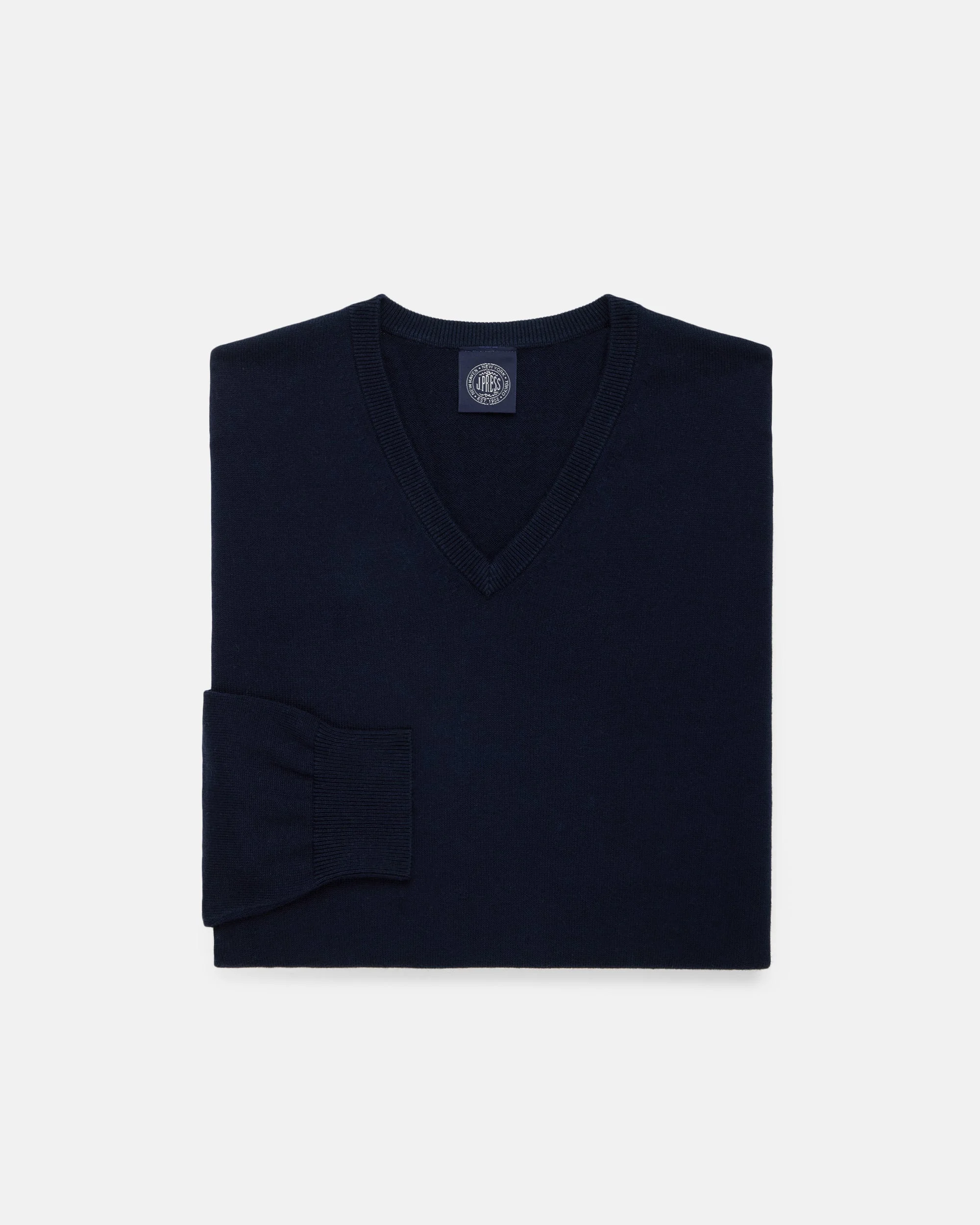 NAVY COTTON/CASHMERE V-NECK SWEATER - 1