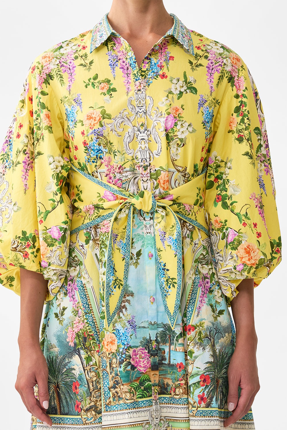 WAIST TIE SHIRT DRESS WITH BUBBLE SLEEVE - 6