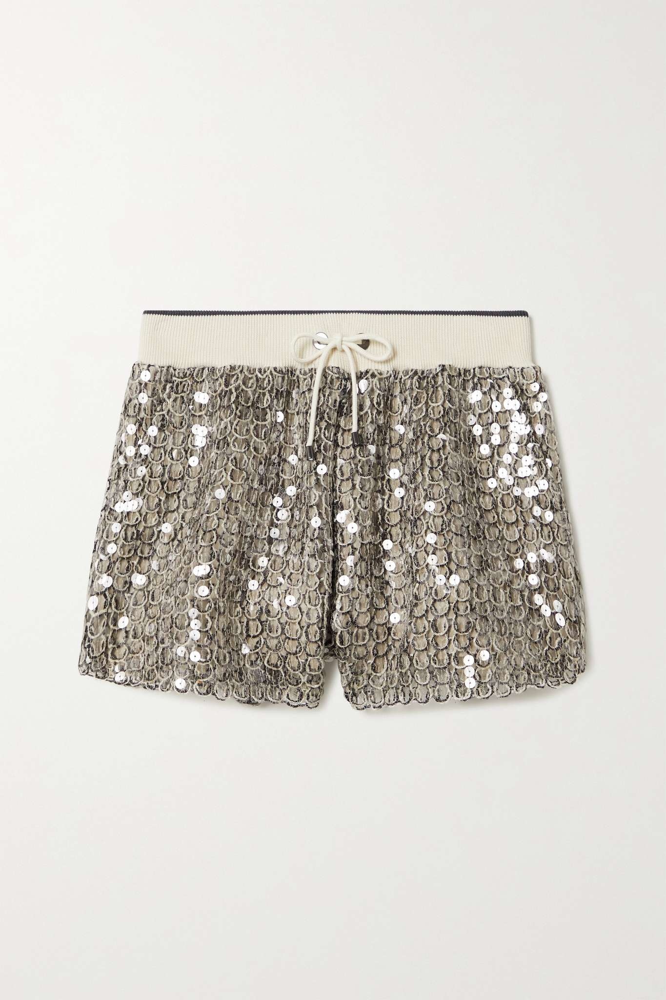 Sequined crocheted jute-blend, cotton and crepe de chine shorts - 1