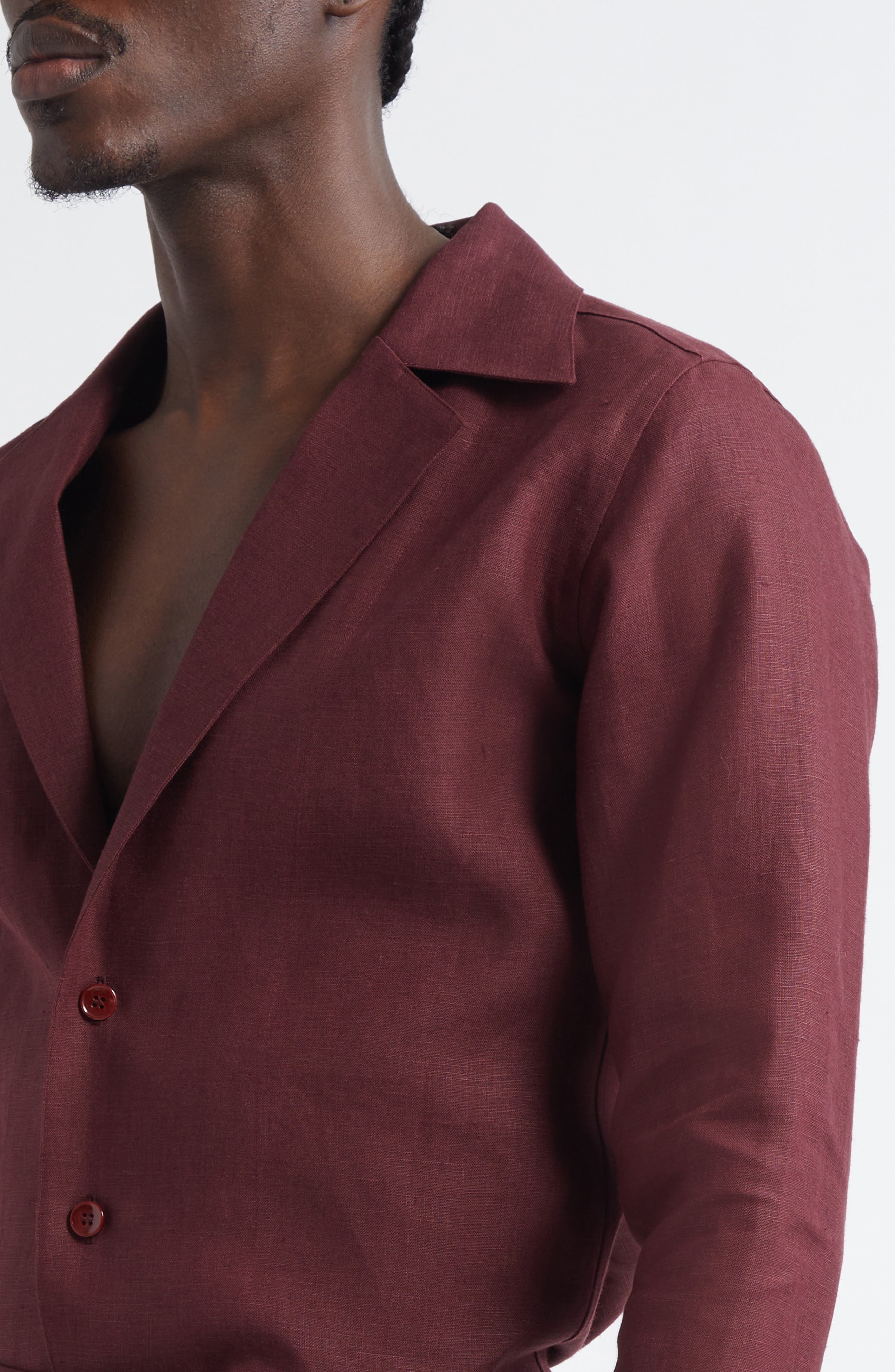 Dolce&Gabbana Deep V Linen Button-Up Shirt in M5039 Brown Dark Violet at Nordstrom - 4