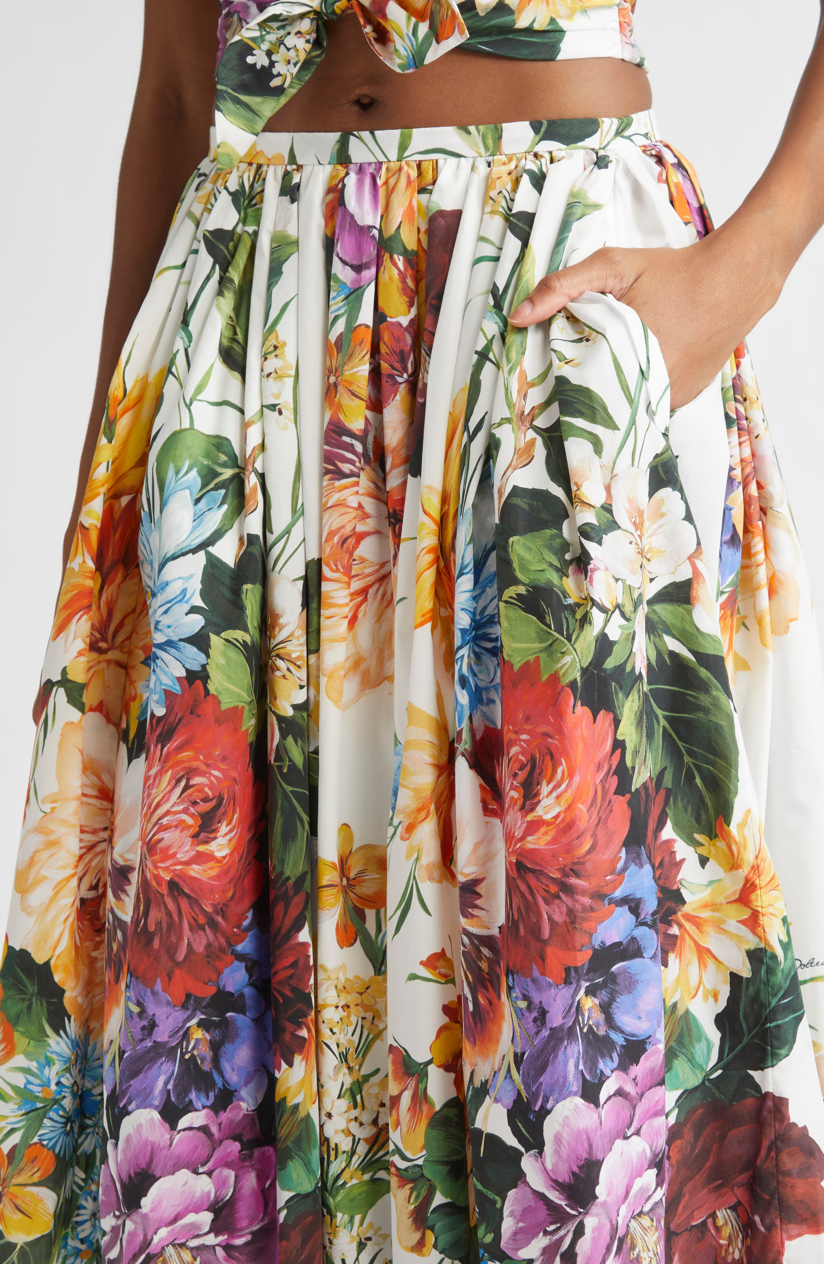 Dolce&Gabbana Floral Print Pleated Cotton Poplin A-Line Midi Skirt in Ha5Pc B.fiori Cret. F.bco at N - 5