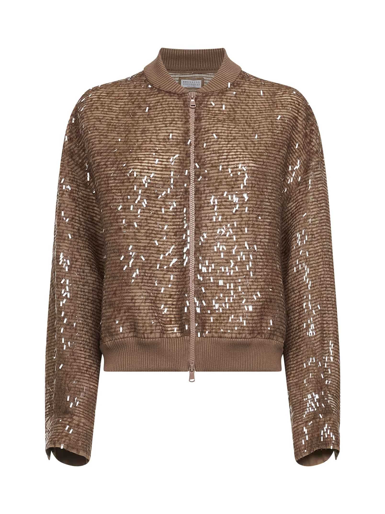 Brunello Cucinelli Women Beige Crispy Silk Dazzling Cascade Embroidery Bomber Jacket - 1