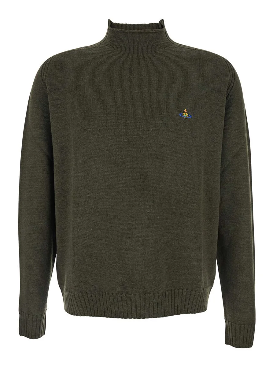 Vivienne Westwood Green Crew Neck Sweater With Orb Logo Embroidered On The Front In Wool Blend Man - 1