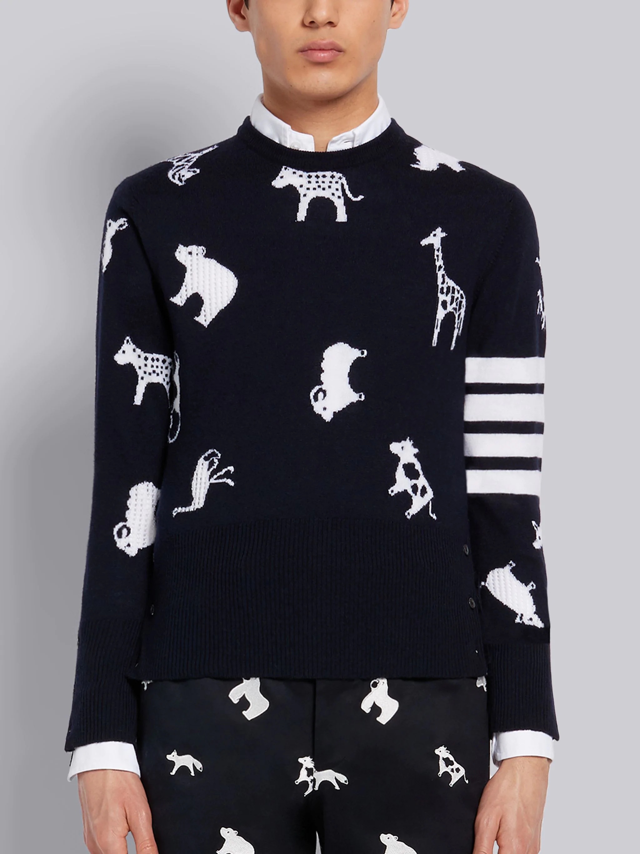 Navy Fine Merino Wool Animal Icon Crewneck 4-Bar Pullover - 1