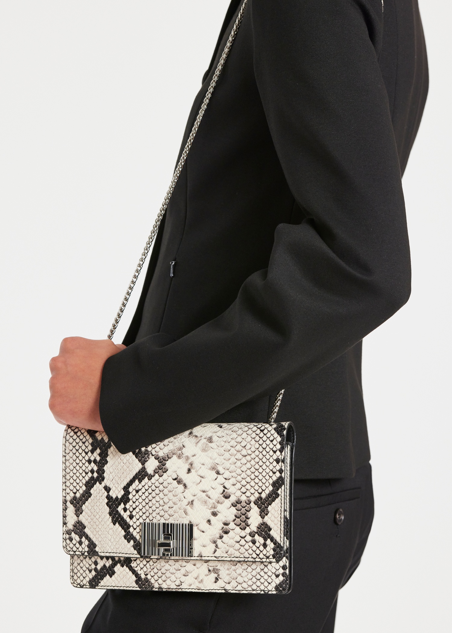 White Snakeskin Leather Chain Evening Bag - 7