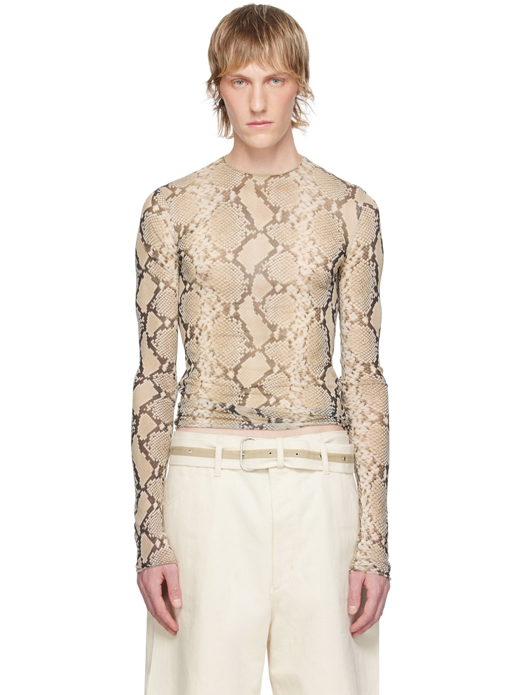 Beige Printed Long Sleeve T-Shirt - 1