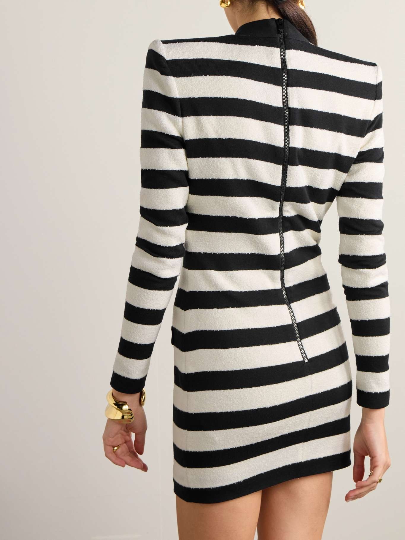 Button-embellished striped jersey and terry mini dress - 3