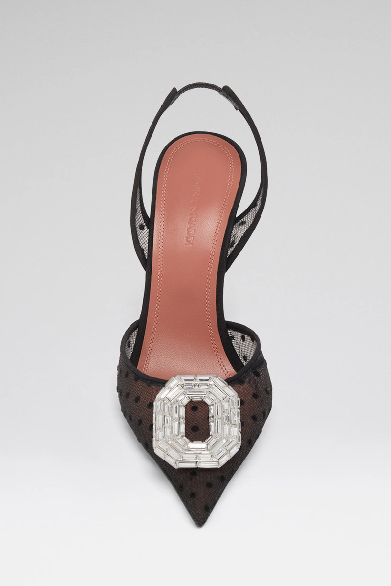 Amina Muaddi CAMELIA SLING 105 BLACK POLKA-DOT LACE outlook