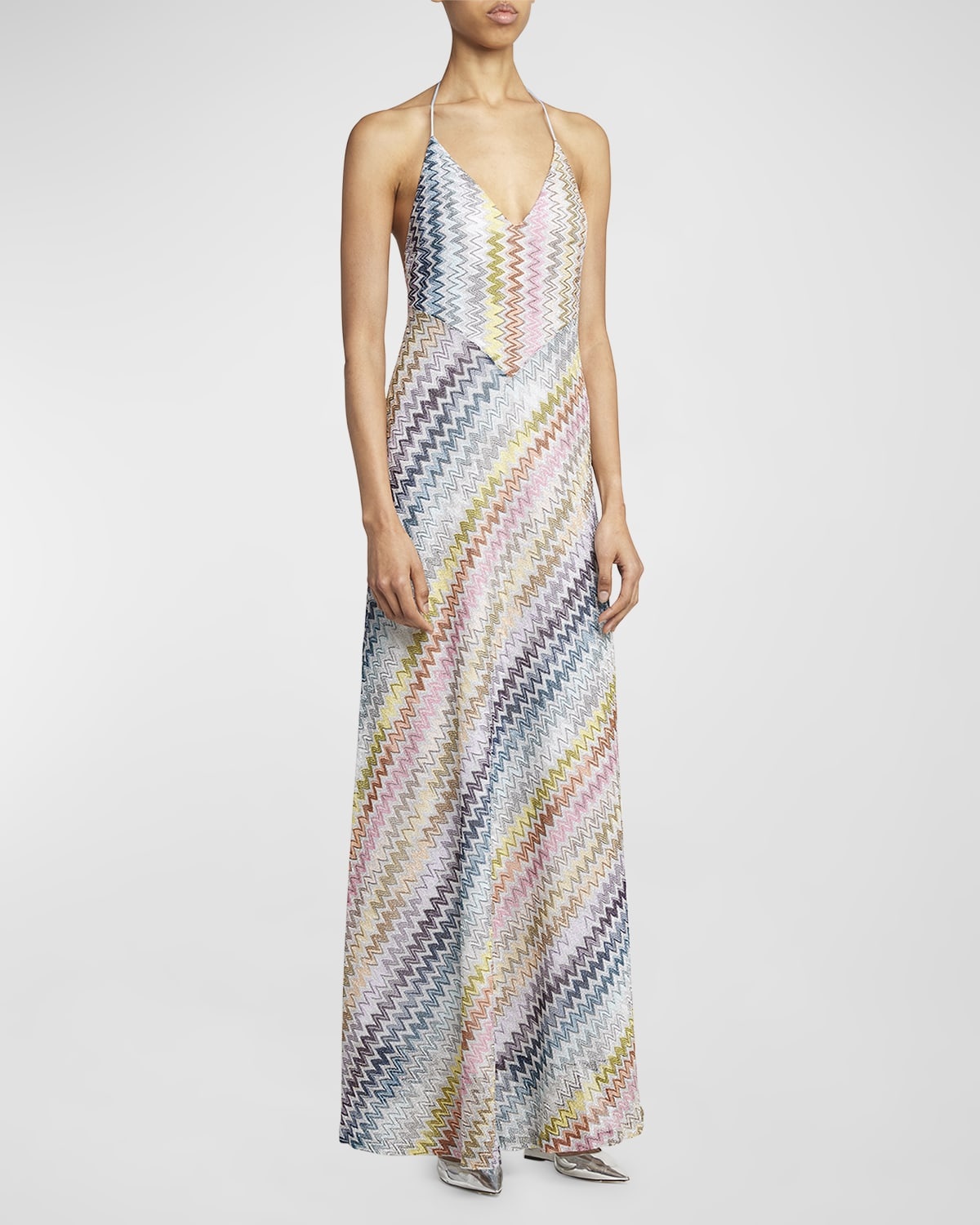 Metallic Chevron Knit Halter Maxi Dress - 3