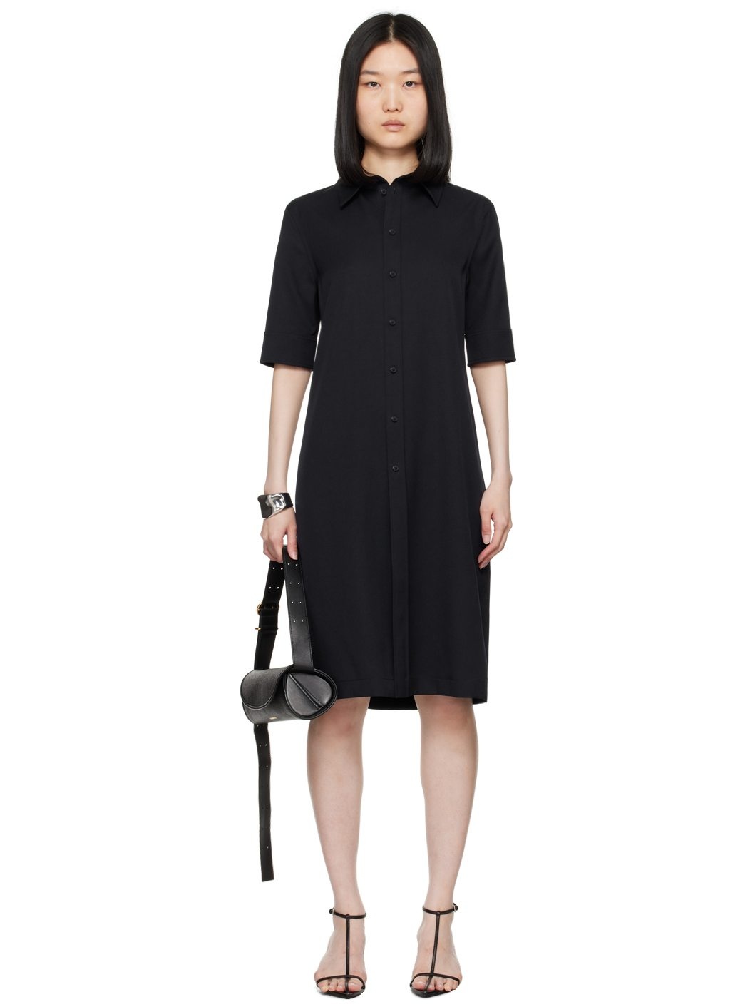Navy Spread Collar Midi Dress - 1