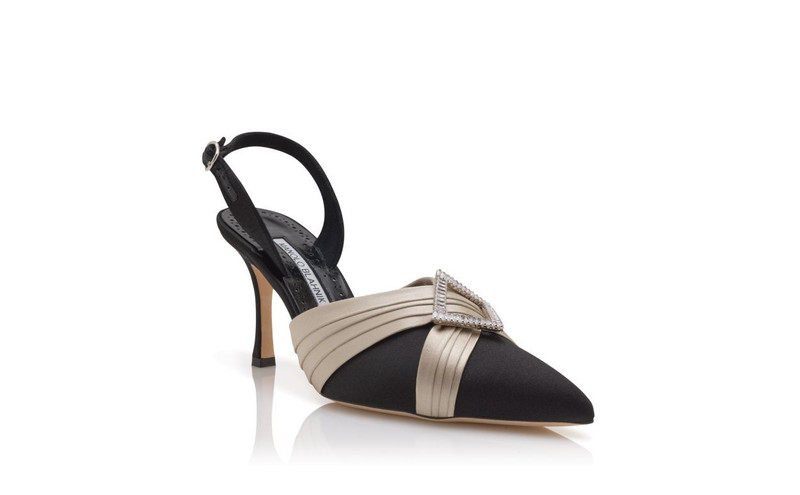 Black Satin Pleated Detail Slingback Pumps 3