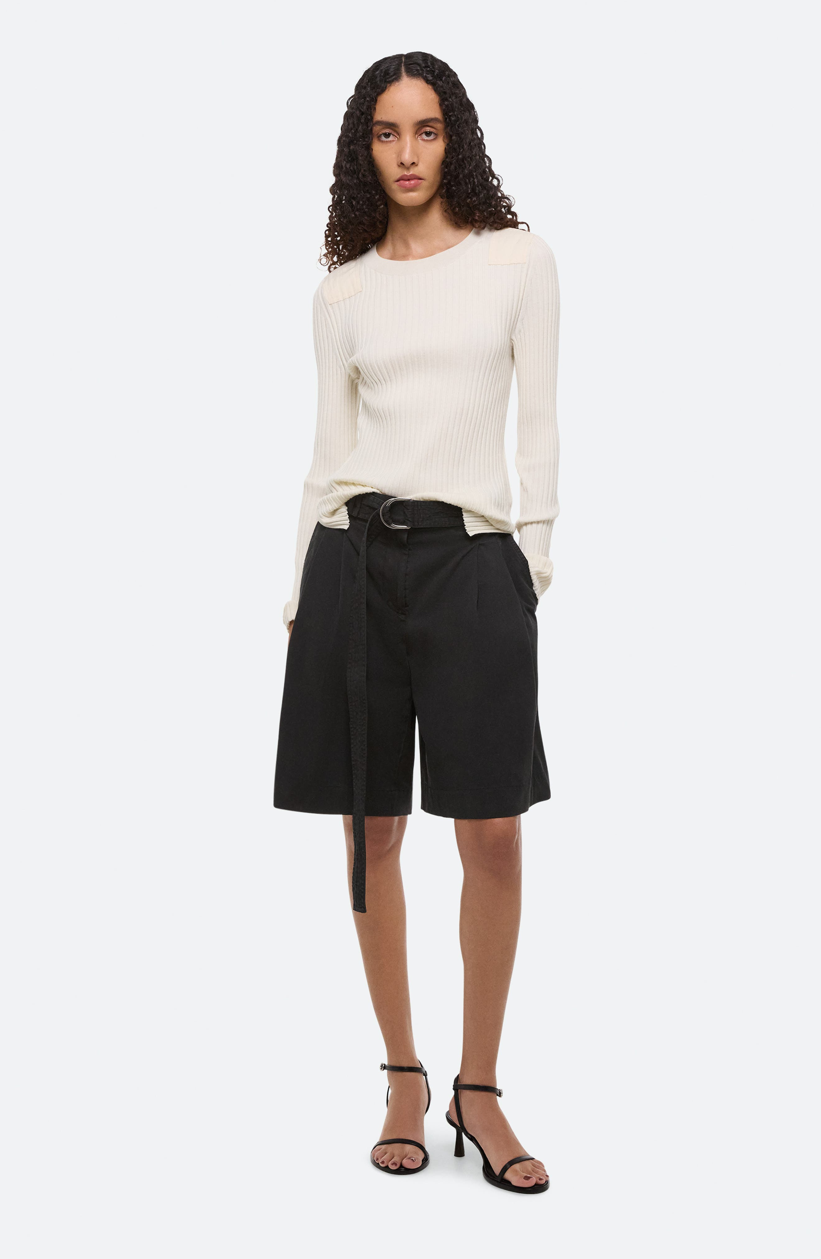Helmut Lang Belted Double Pleat Stretch Cotton Shorts in Black at Nordstrom - 5