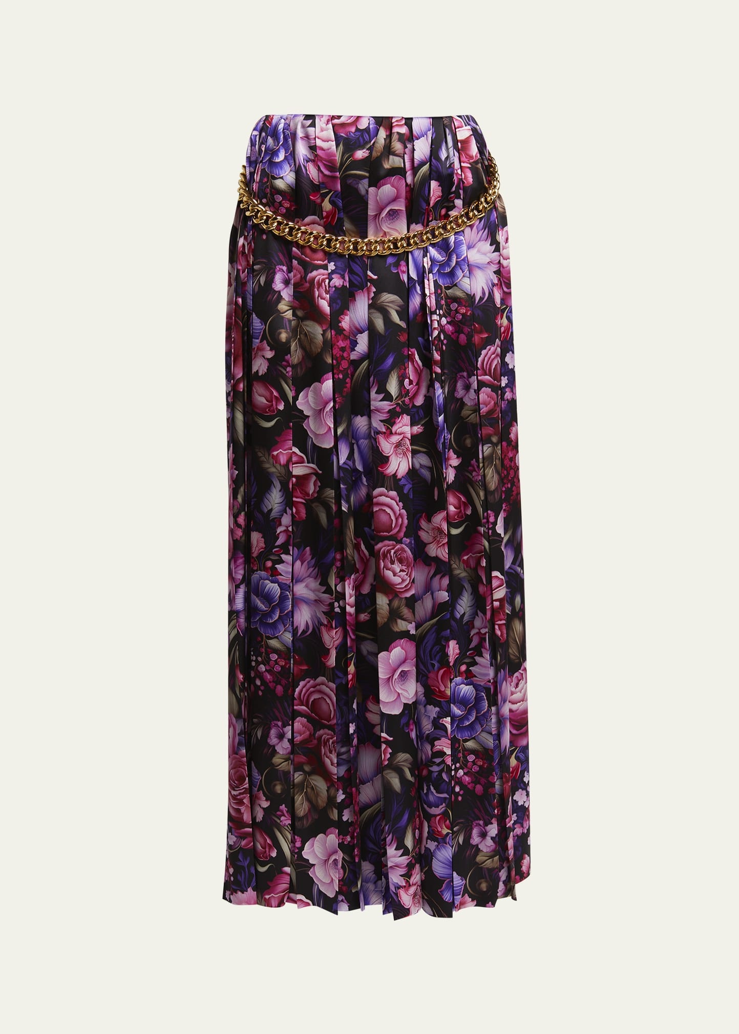 Floral Print Pleated Long Silk Skirt with Chunky Chain - 1