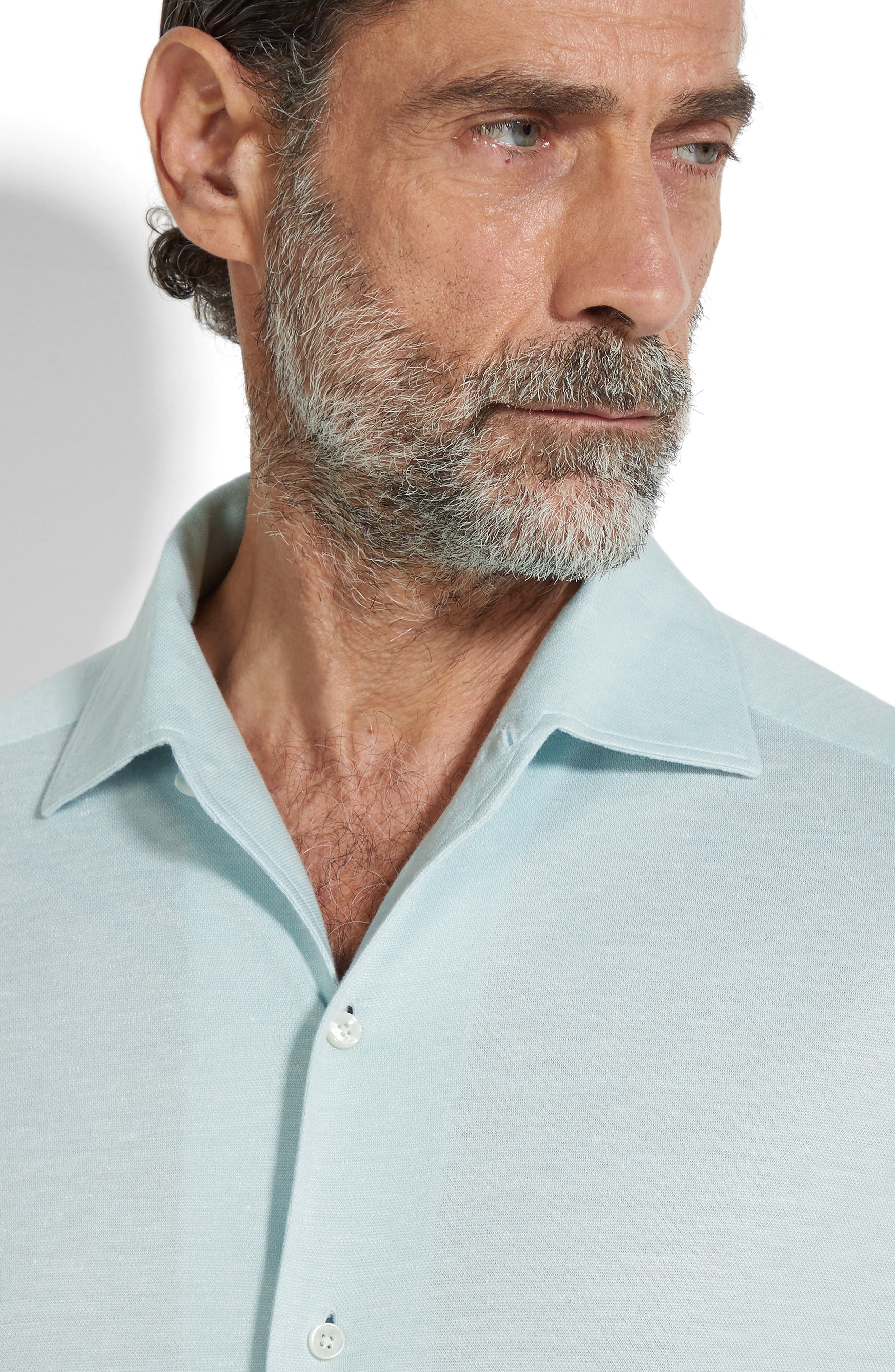 ZEGNA Crossover Silk, Linen & Cotton Button-Up Shirt in Bright Blue Solid at Nordstrom - 3