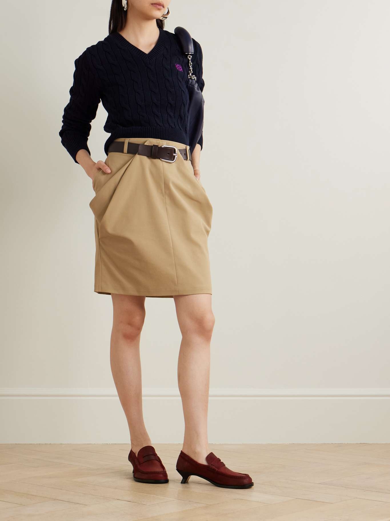 Belted draped leather-trimmed cotton-twill mini skirt - 2