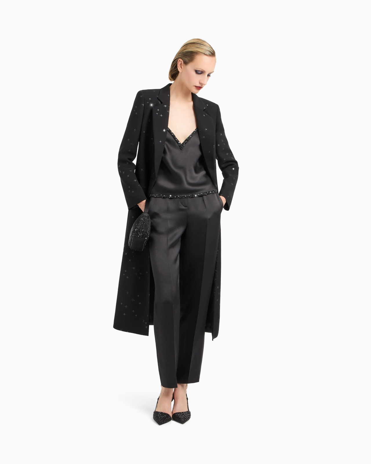 SILK CADY LONG COAT WITH GLITTER MOTIF - 2