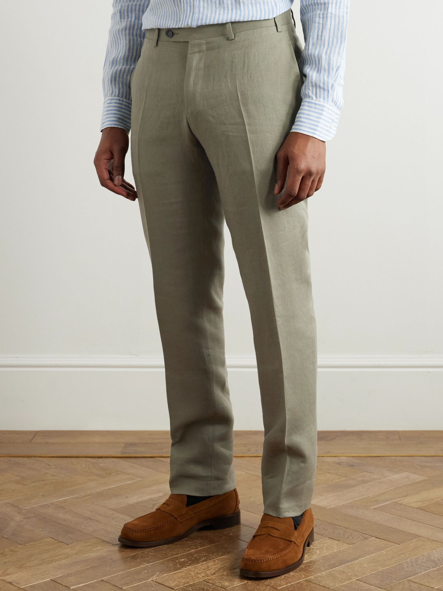 Slim-Fit Linen Suit Trousers Green - 3