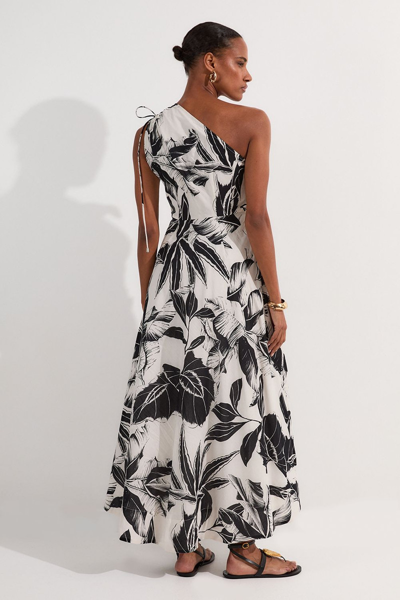 Palm Border Print Cotton Voile One Shoulder Midi Dress 5