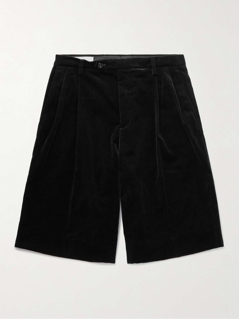 Wide-Leg Pleated Cotton-Blend Velvet Shorts - 1