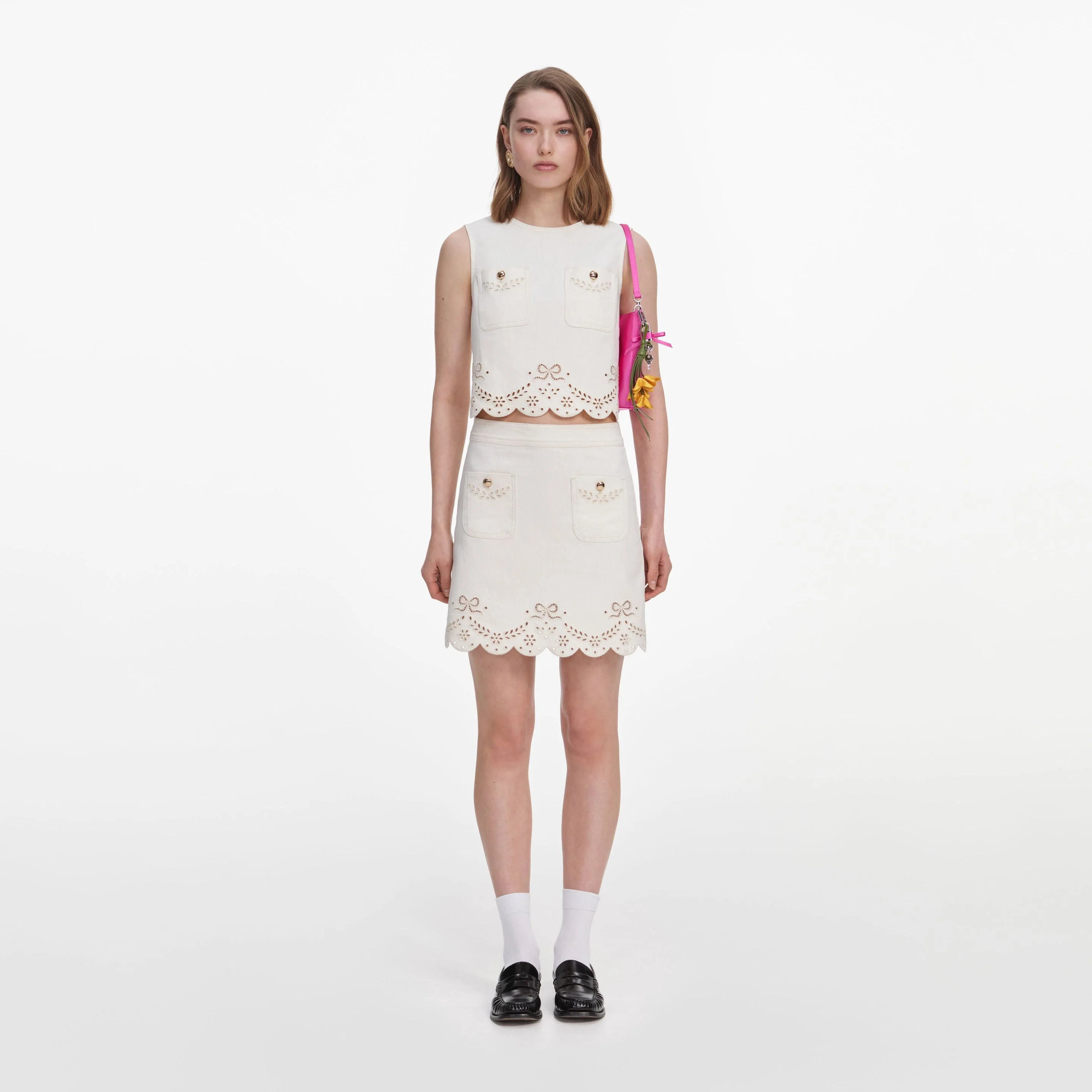 Cream Broderie Denim Mini Skirt - 1