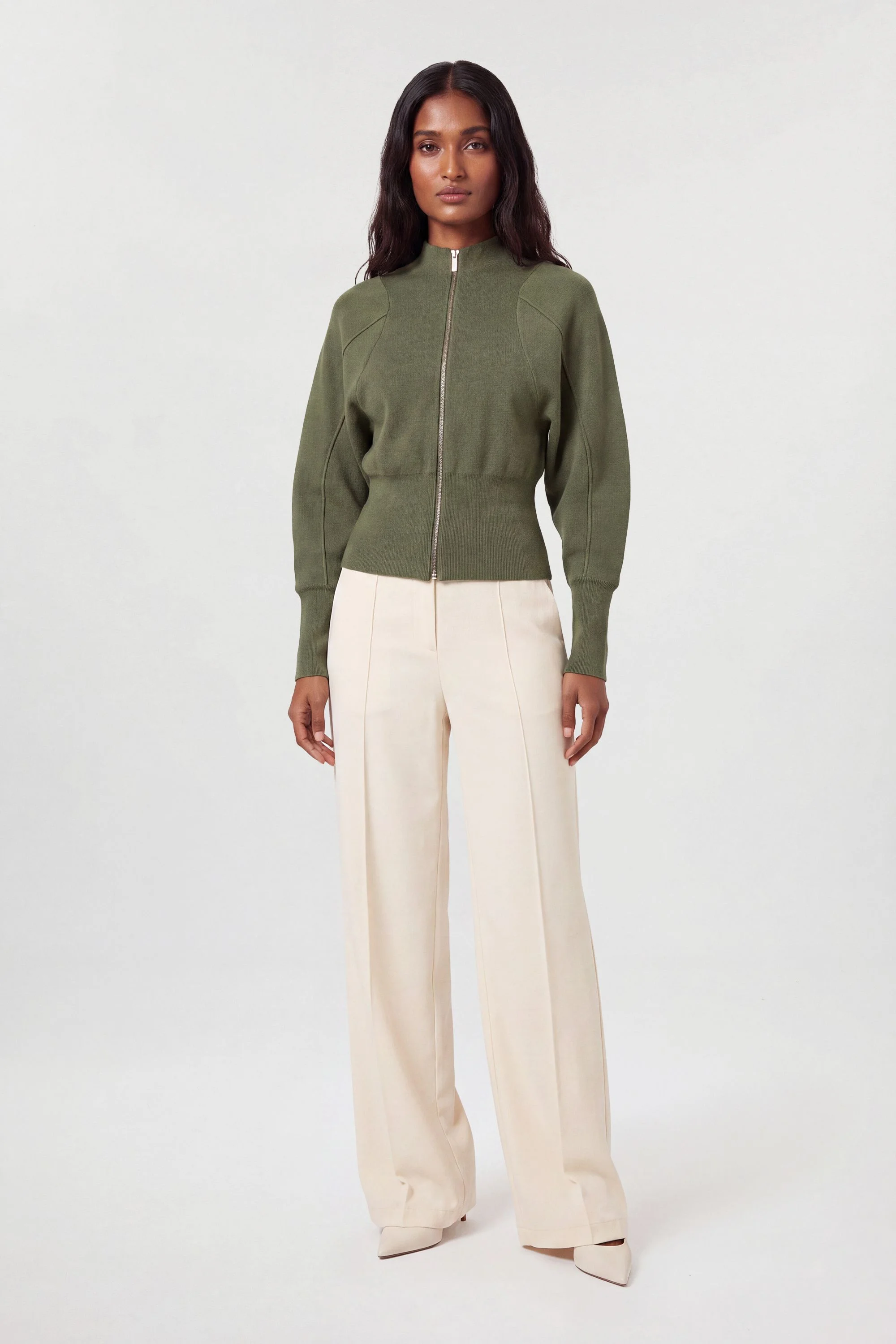 Wool Look Rib Detail Long Sleeve Knitted Bomber - 1