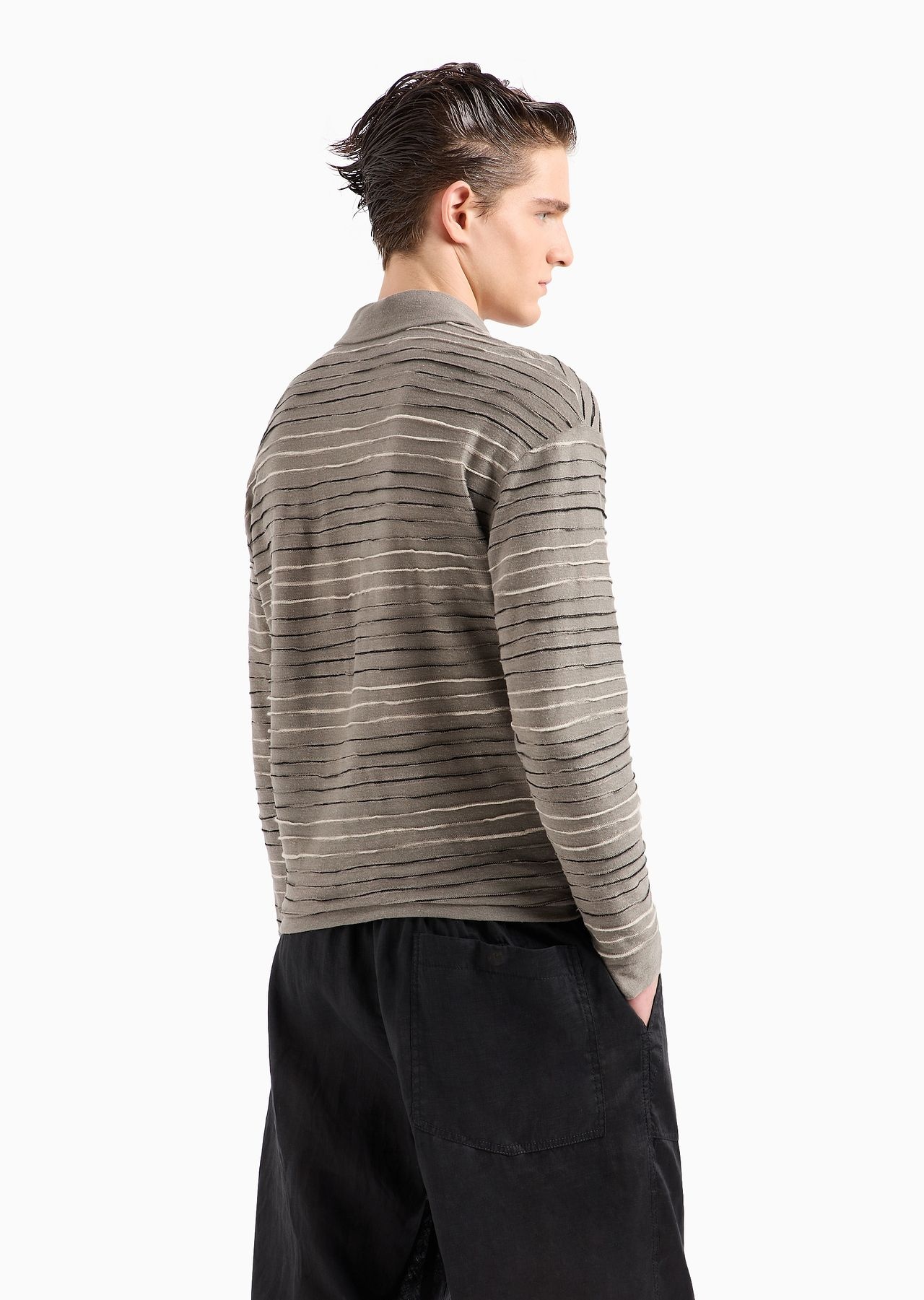 Long-sleeved polo shirt in linen, cotton and viscose jersey jacquard - 3