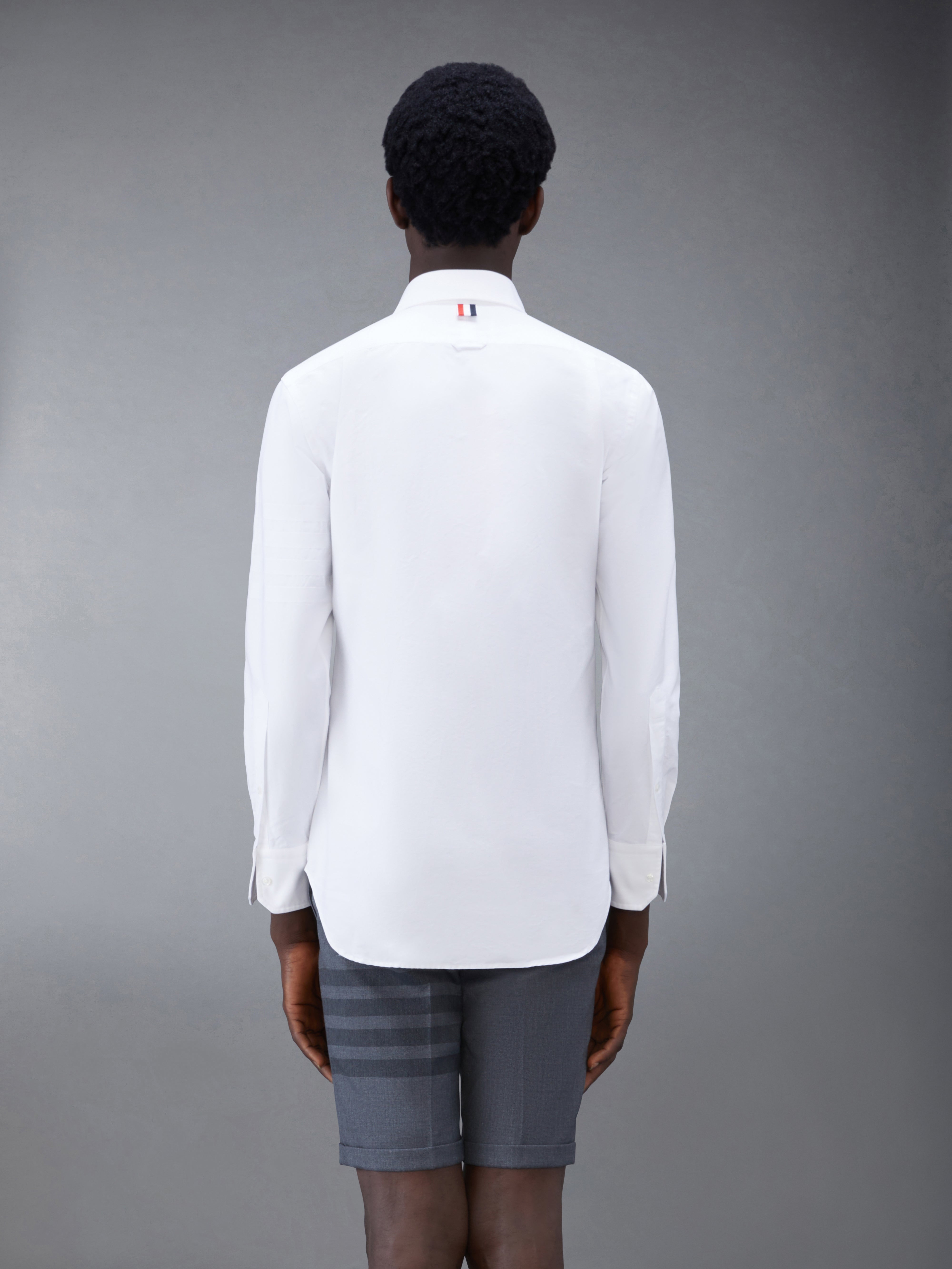 White Cotton Oxford Long Sleeve Satin Weave 4-Bar Shirt - 3