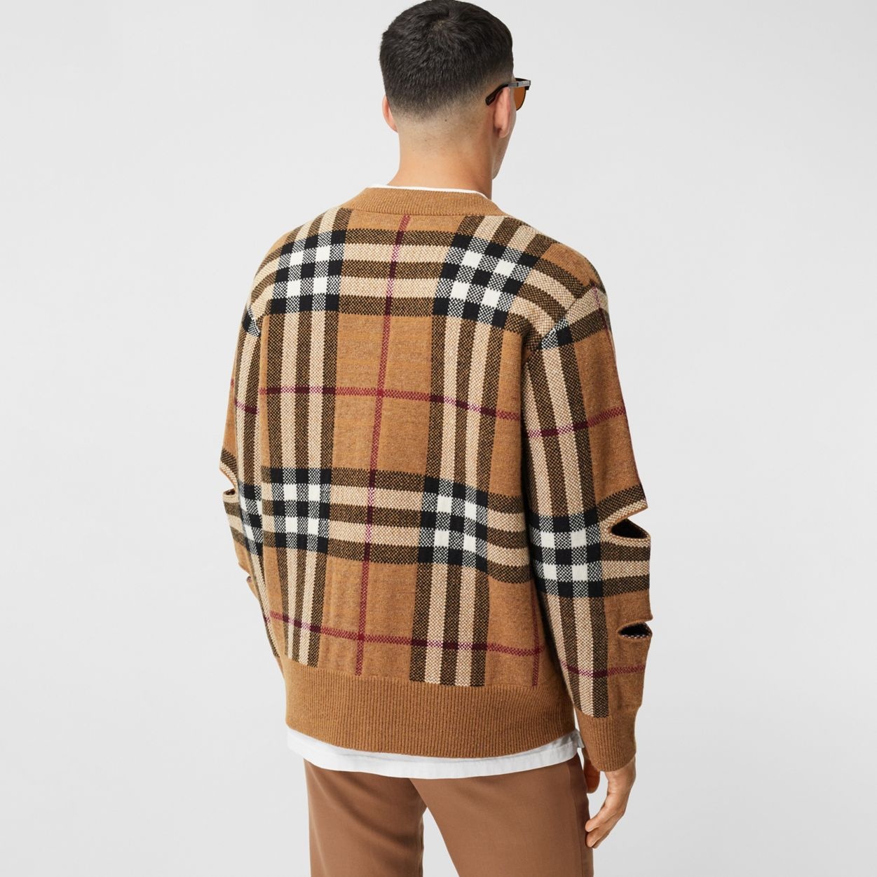 Cut-out Sleeve Check Wool Cashmere Cardigan - 4