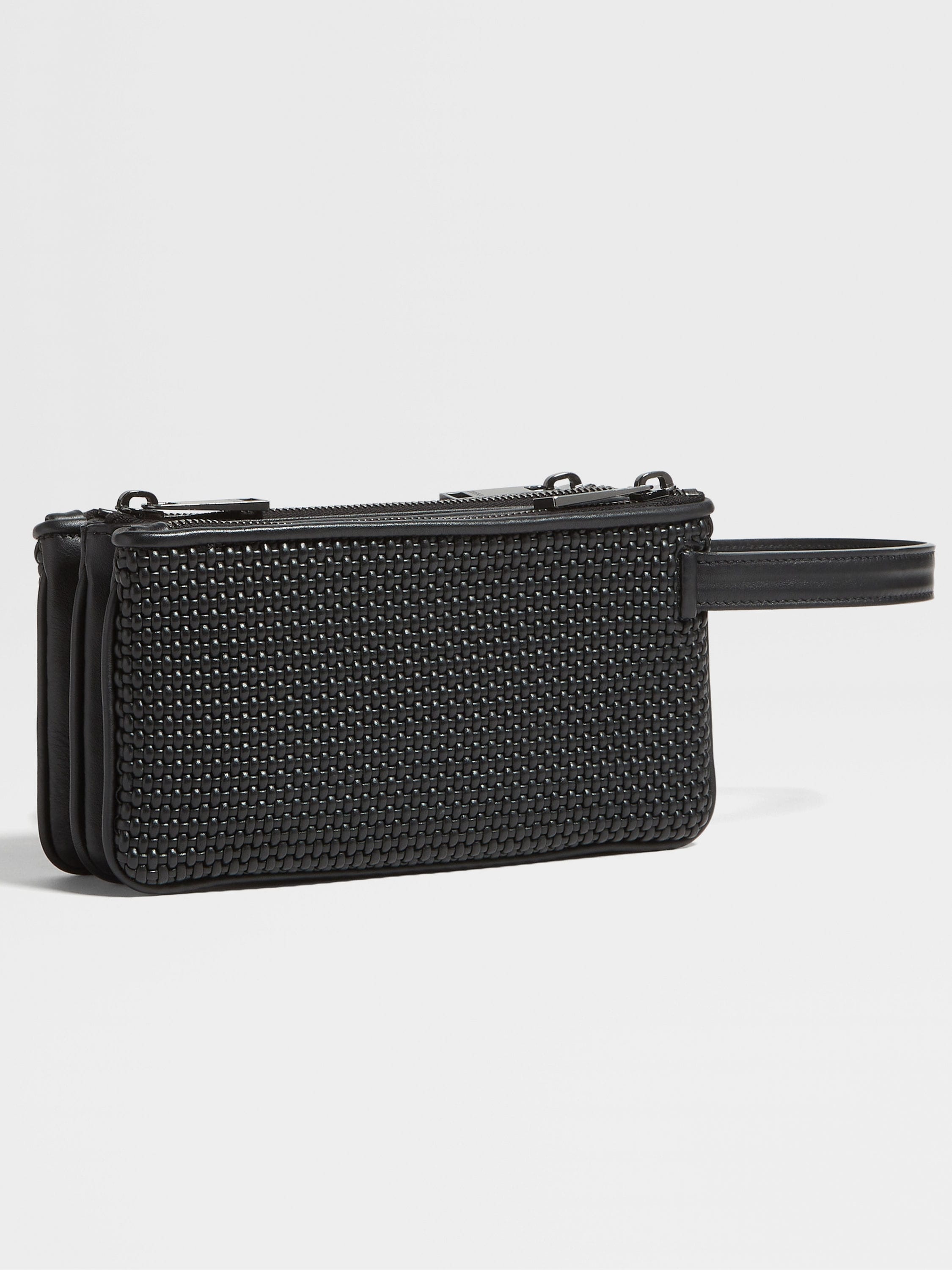 BLACK PELLETESSUTA™ LEATHER TRIPLE ZIP POUCH - 3