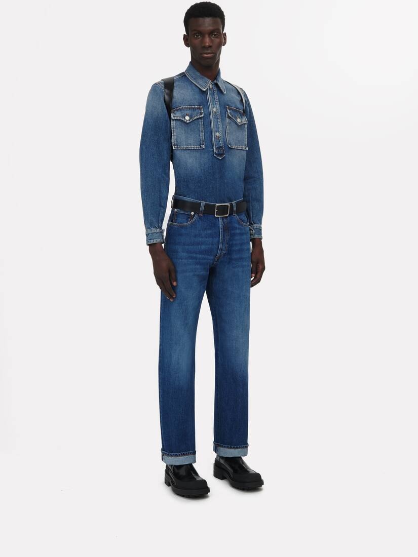 Men's Pull-over Denim Shirt in Washed Blue - 3