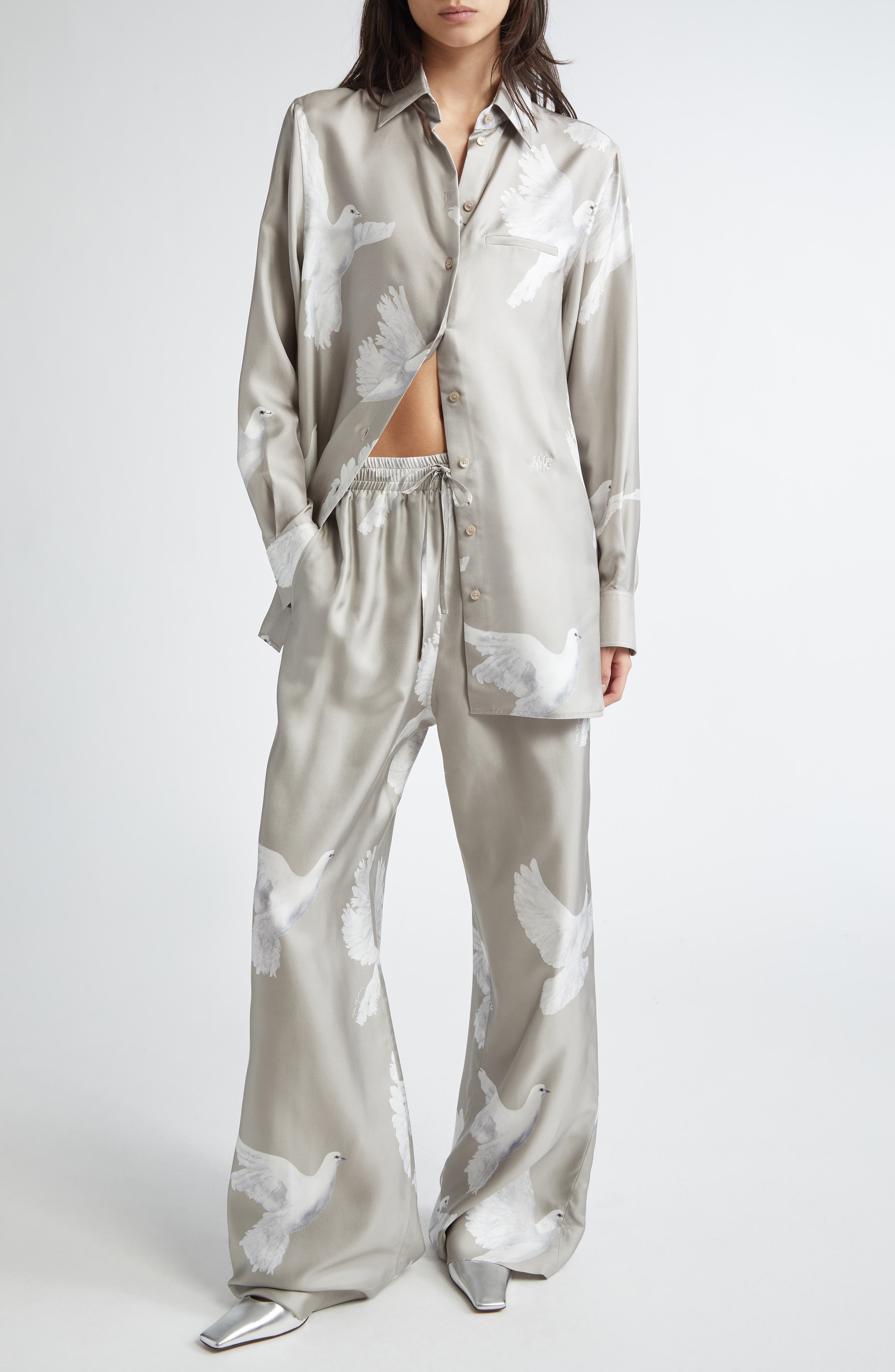 Stella McCartney Birds Print Silk Satin Pants in Mud at Nordstrom - 2