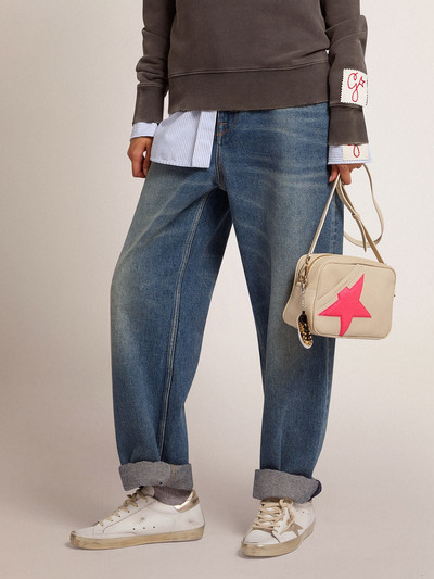 Golden Goose Off-white Star Bag in hammered leather, fuchsia Golden Goose star with iridescent glitter outlook